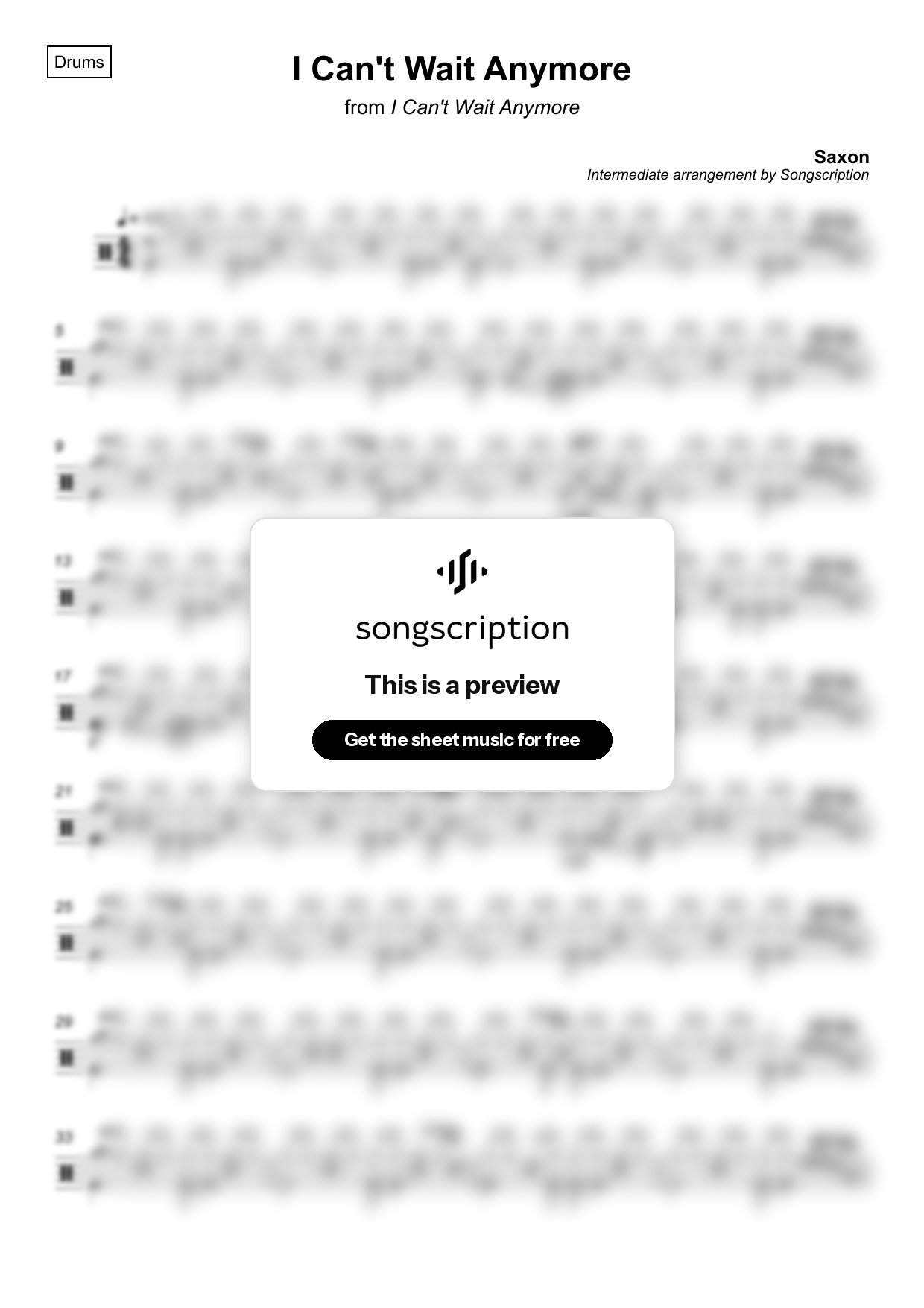 Intermediate Drums Sheet Music for "I Can't Wait Anymore" by Saxon