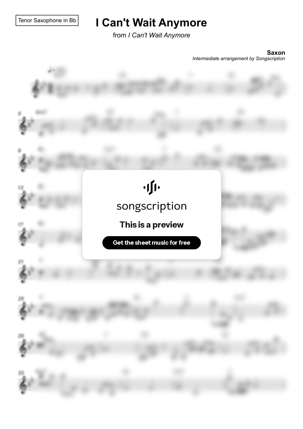 Intermediate Tenor Sax Sheet Music for "I Can't Wait Anymore" by Saxon