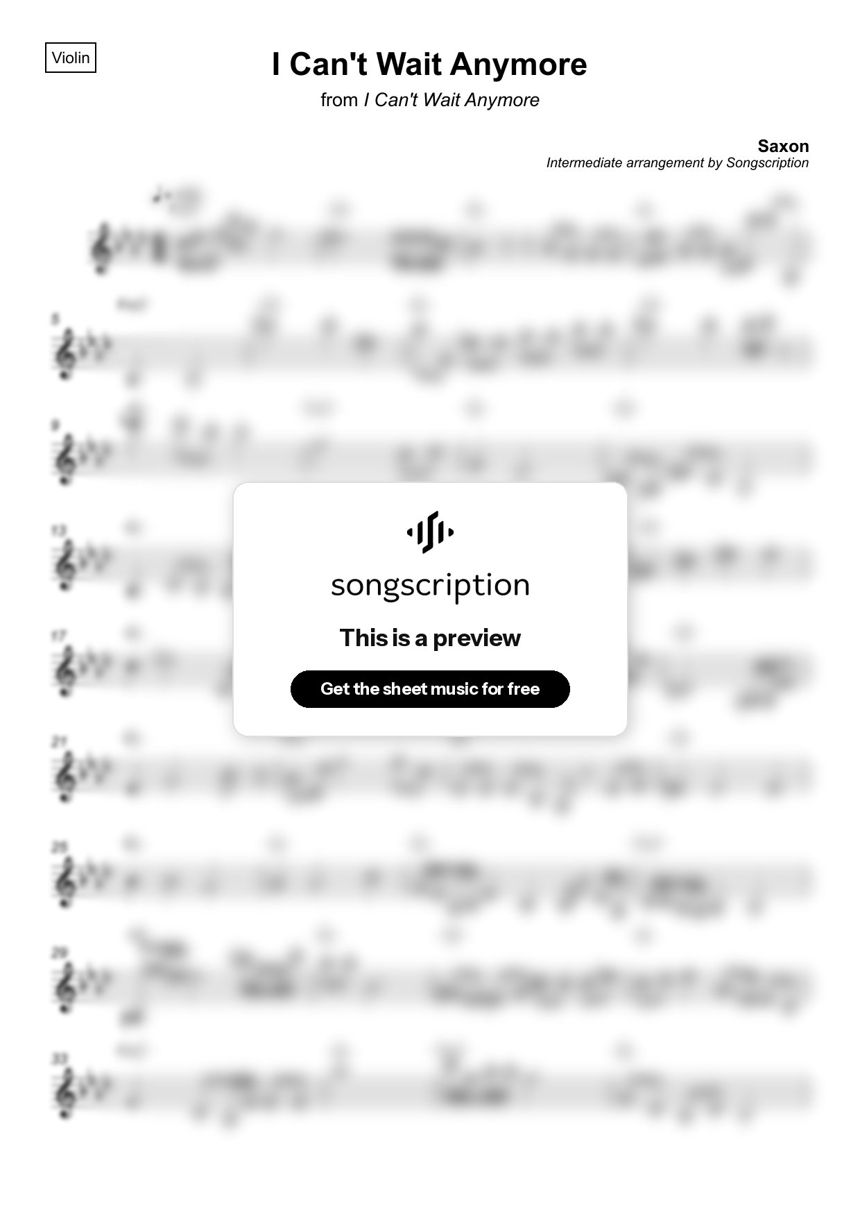 Intermediate Violin Sheet Music for "I Can't Wait Anymore" by Saxon
