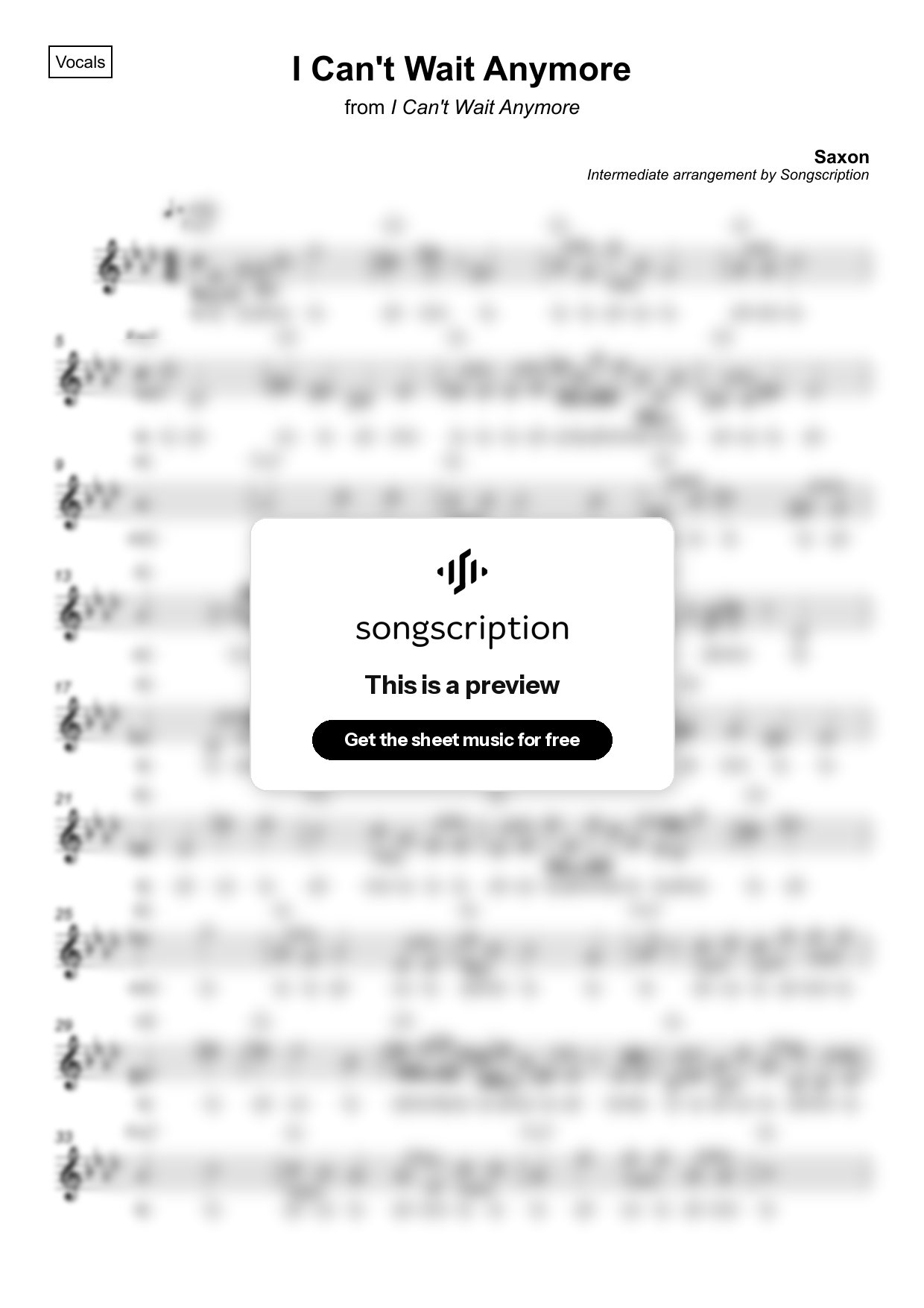 Intermediate Vocals Sheet Music for "I Can't Wait Anymore" by Saxon