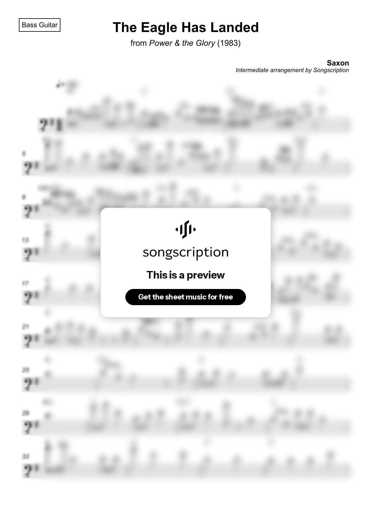 Intermediate Bass Guitar Sheet Music for "The Eagle Has Landed" by Saxon