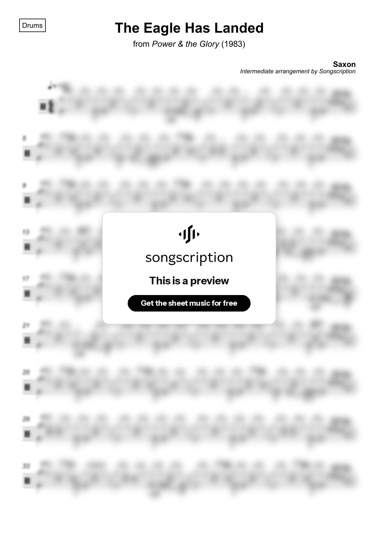 Intermediate Drums Sheet Music for "The Eagle Has Landed" by Saxon