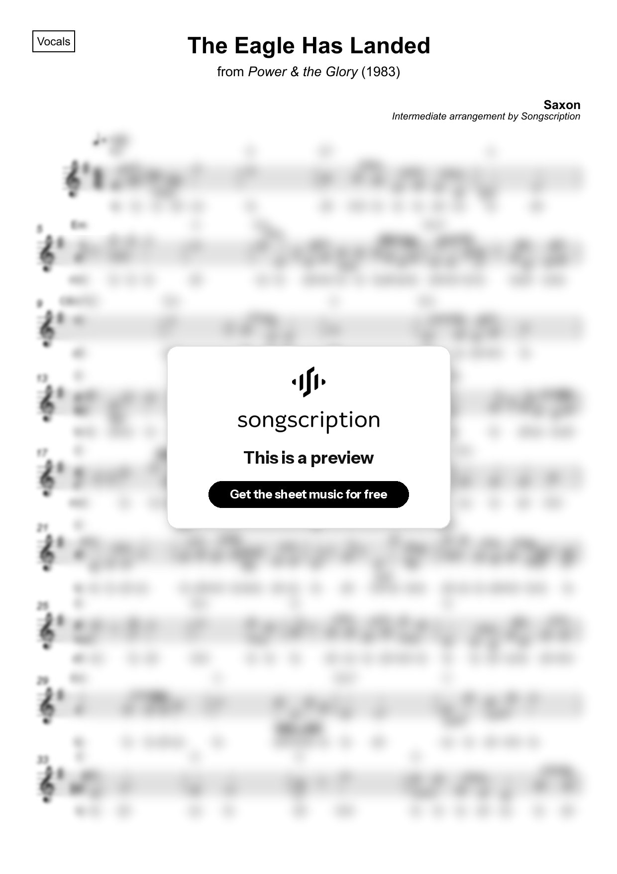 Intermediate Vocals Sheet Music for "The Eagle Has Landed" by Saxon