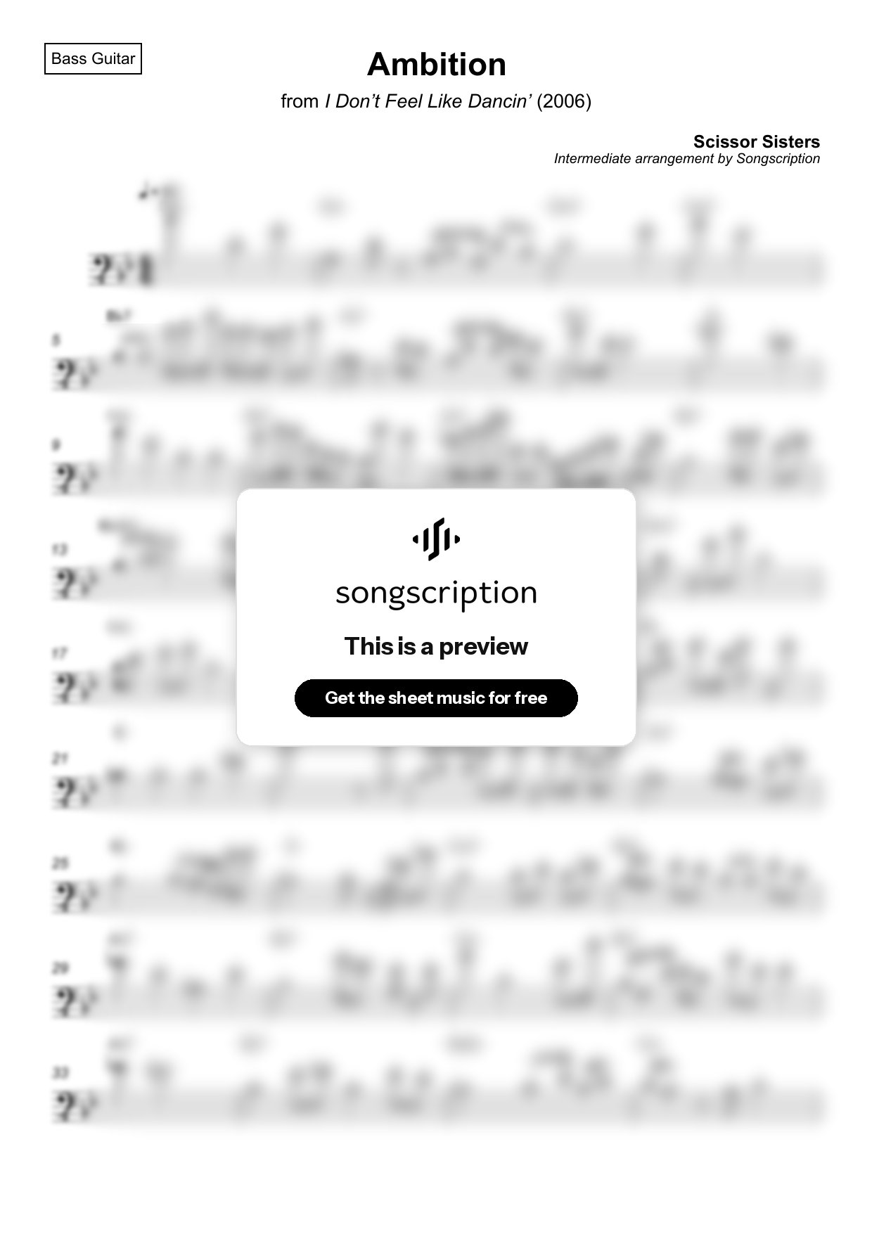 Intermediate Bass Guitar Sheet Music for "Ambition" by Scissor Sisters