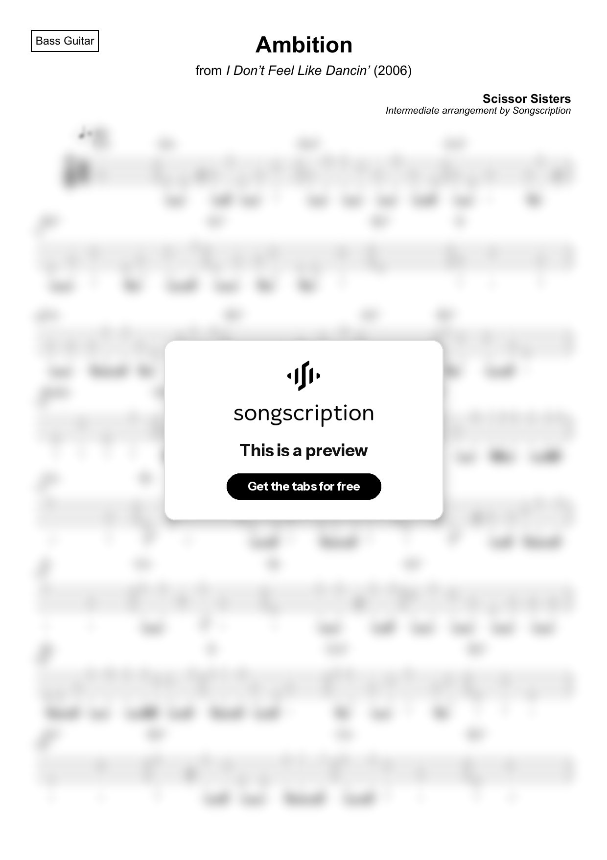 Intermediate Bass Guitar Tabs for "Ambition" by Scissor Sisters