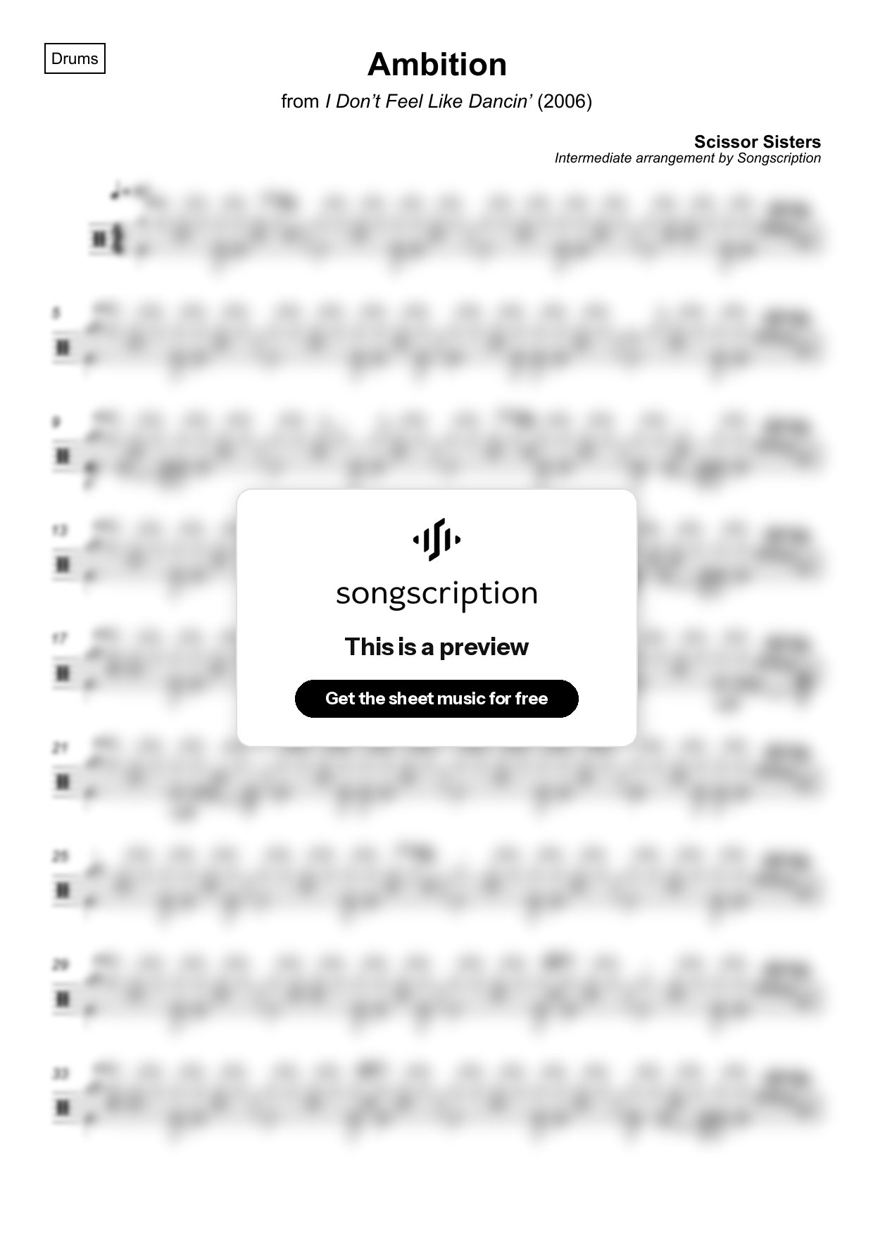 Intermediate Drums Sheet Music for "Ambition" by Scissor Sisters