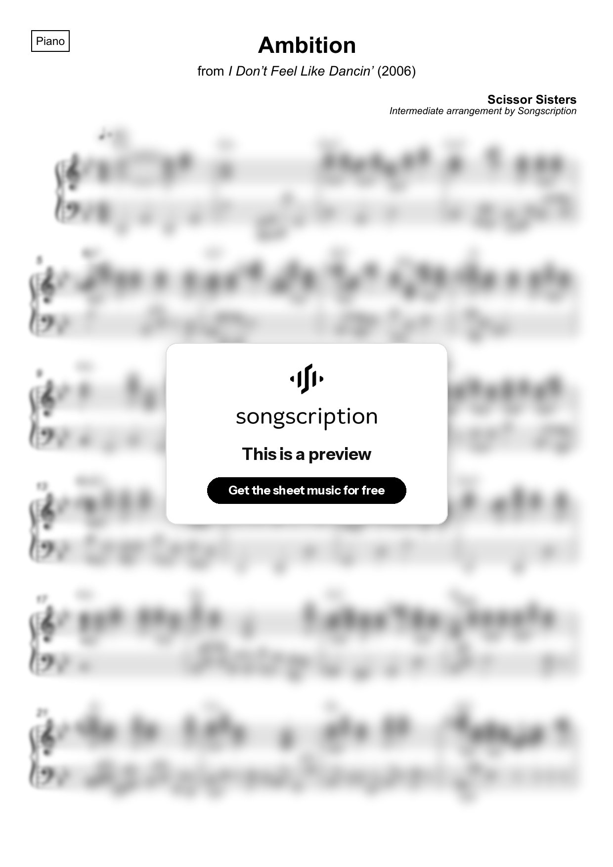 Intermediate Piano Sheet Music for "Ambition" by Scissor Sisters