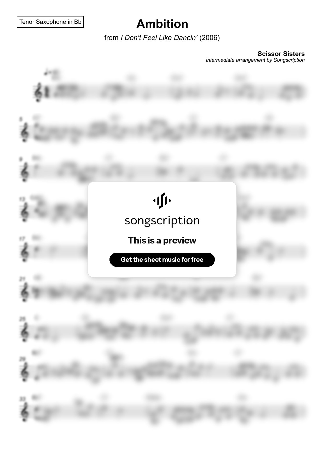 Intermediate Tenor Sax Sheet Music for "Ambition" by Scissor Sisters