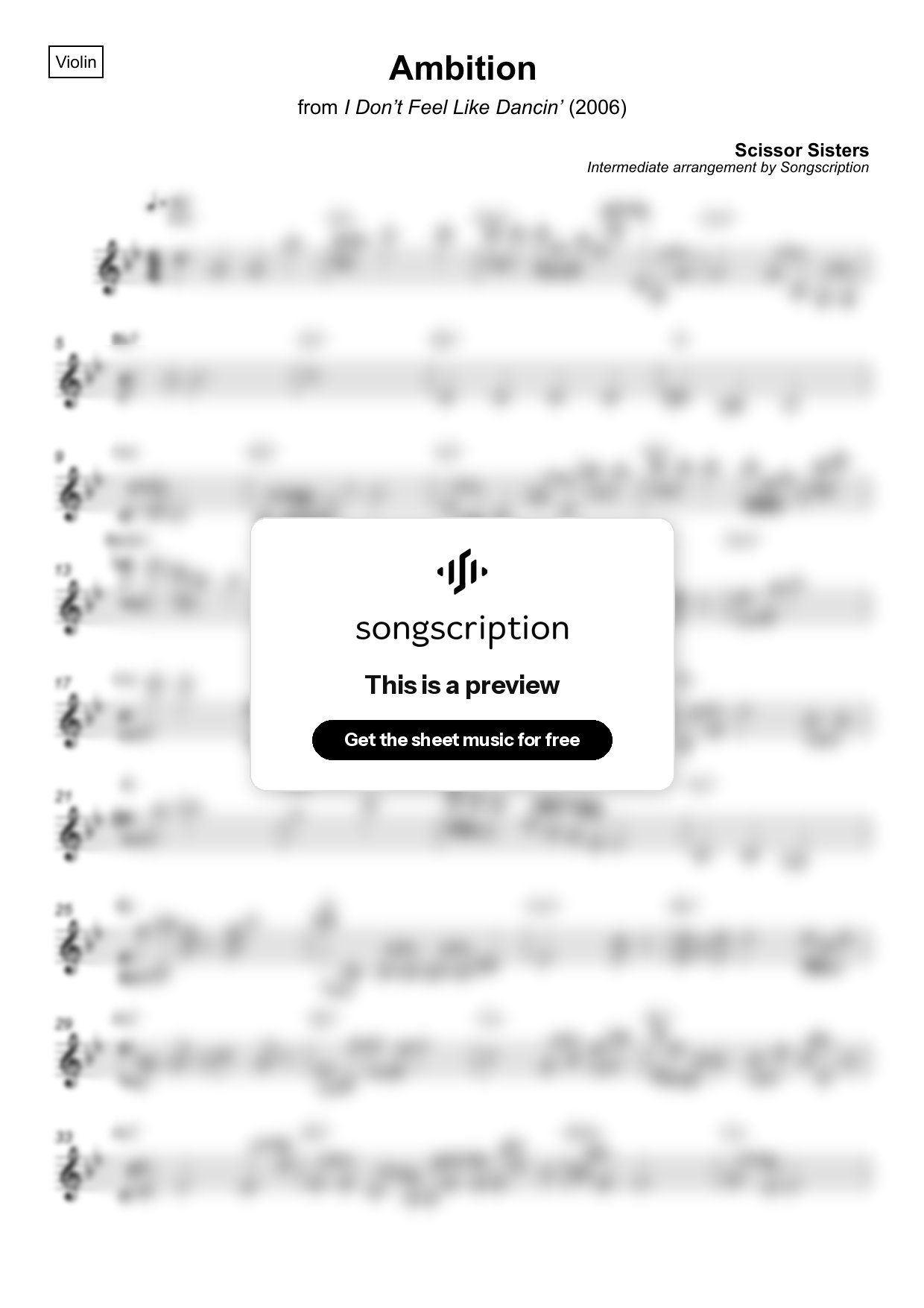 Intermediate Violin Sheet Music for "Ambition" by Scissor Sisters