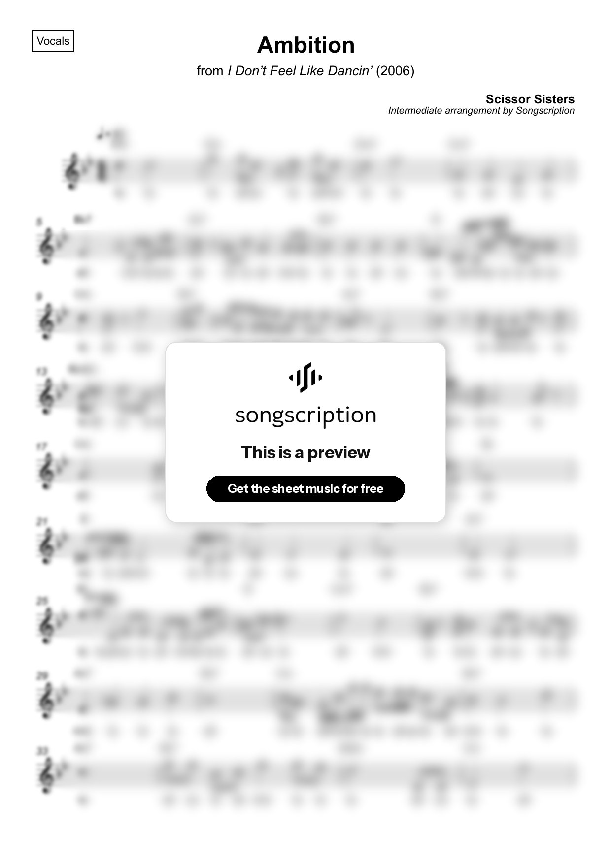Intermediate Vocals Sheet Music for "Ambition" by Scissor Sisters