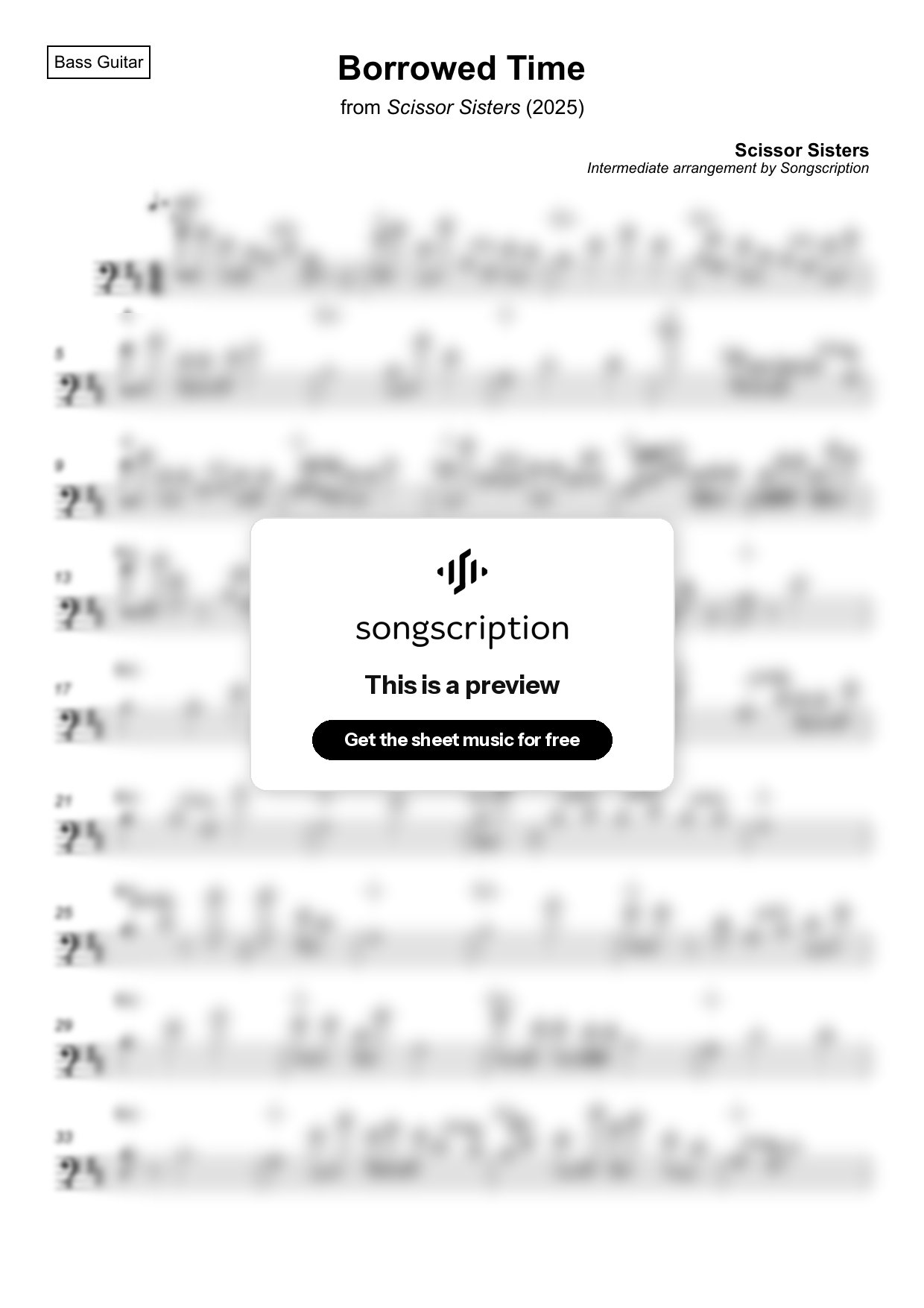 Intermediate Bass Guitar Sheet Music for "Borrowed Time" by Scissor Sisters