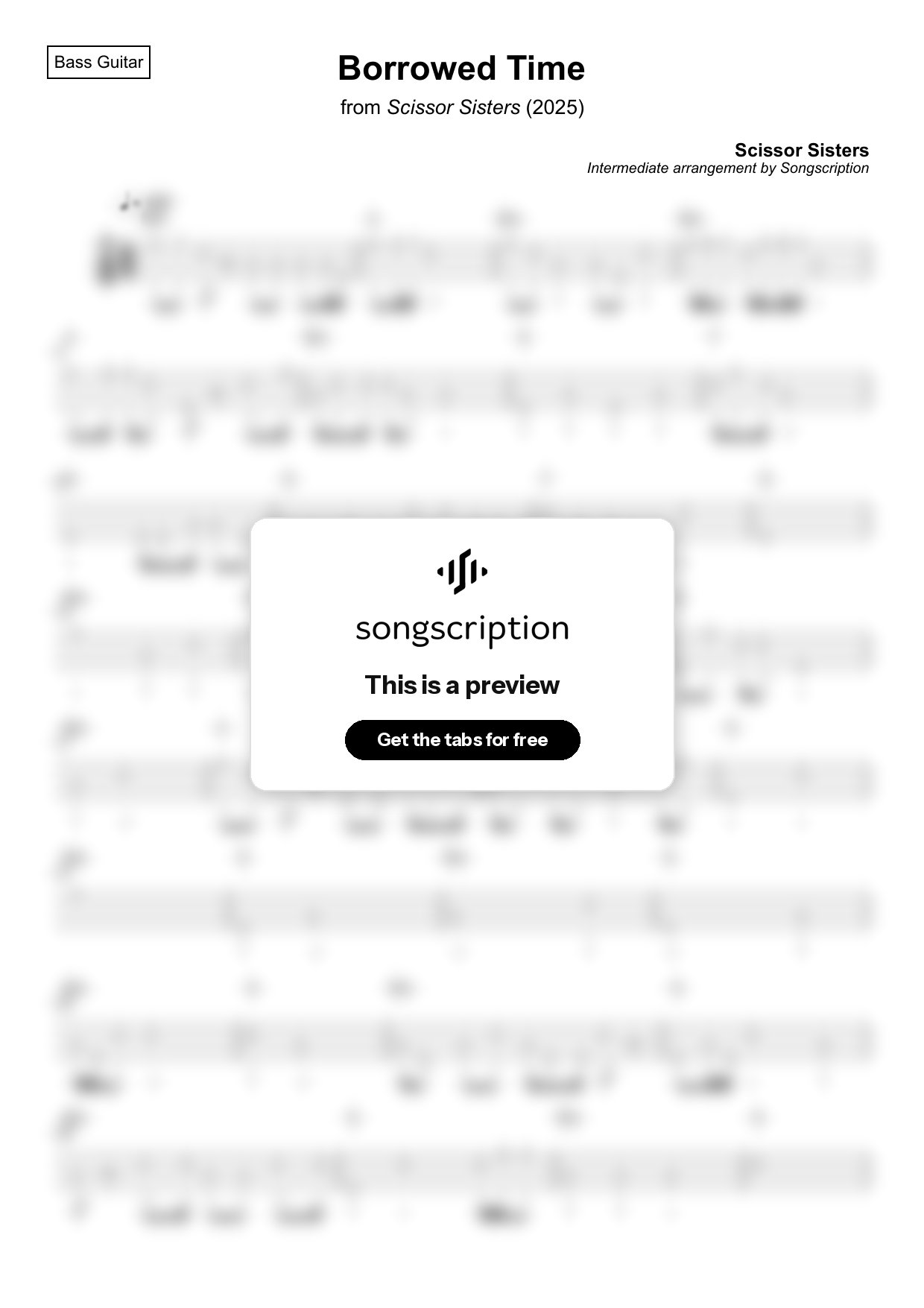 Intermediate Bass Guitar Tabs for "Borrowed Time" by Scissor Sisters