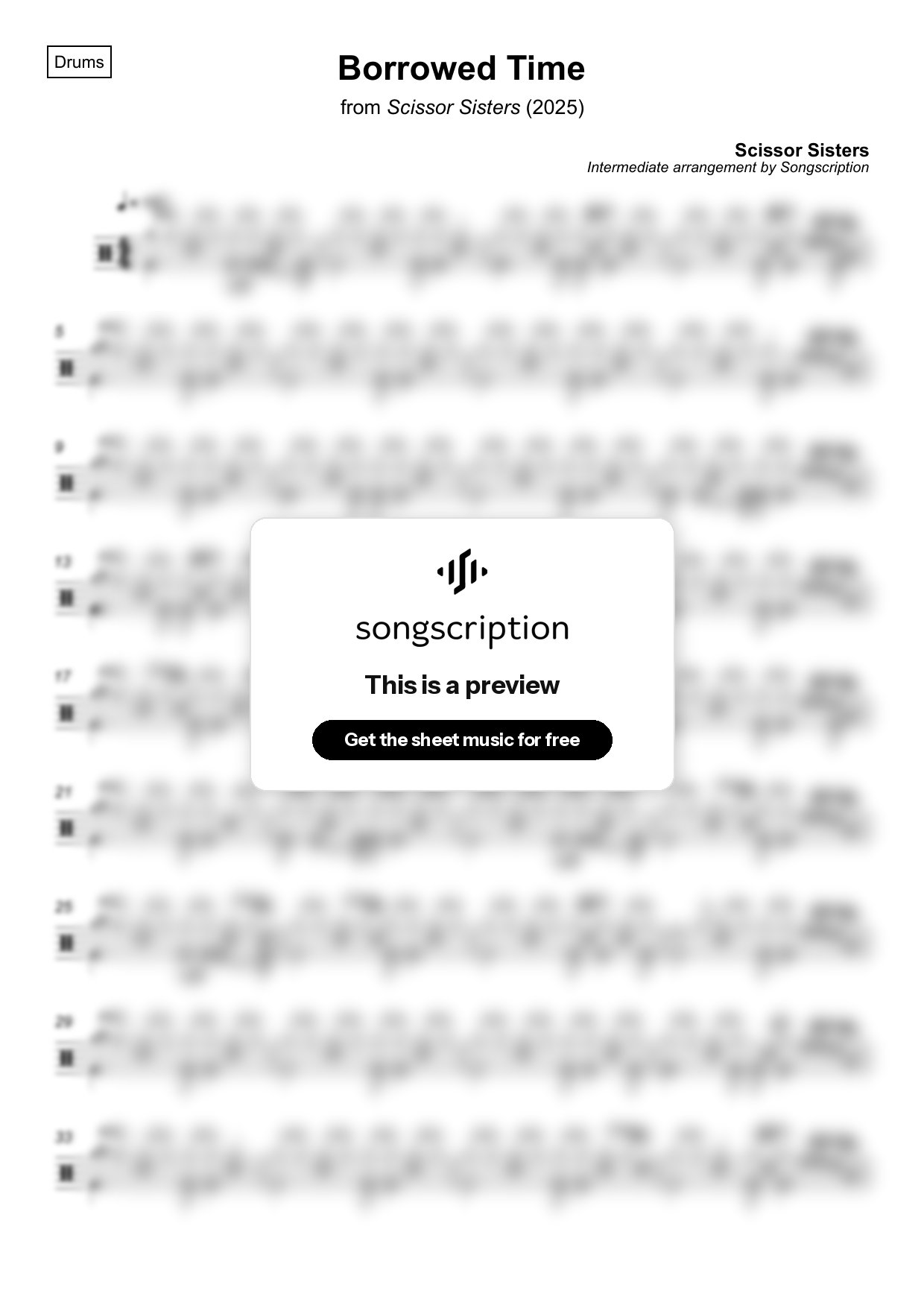 Intermediate Drums Sheet Music for "Borrowed Time" by Scissor Sisters