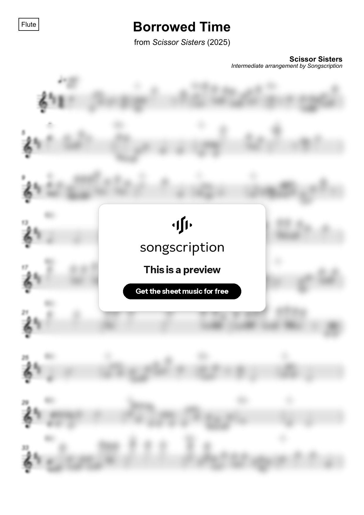 Intermediate Flute Sheet Music for "Borrowed Time" by Scissor Sisters