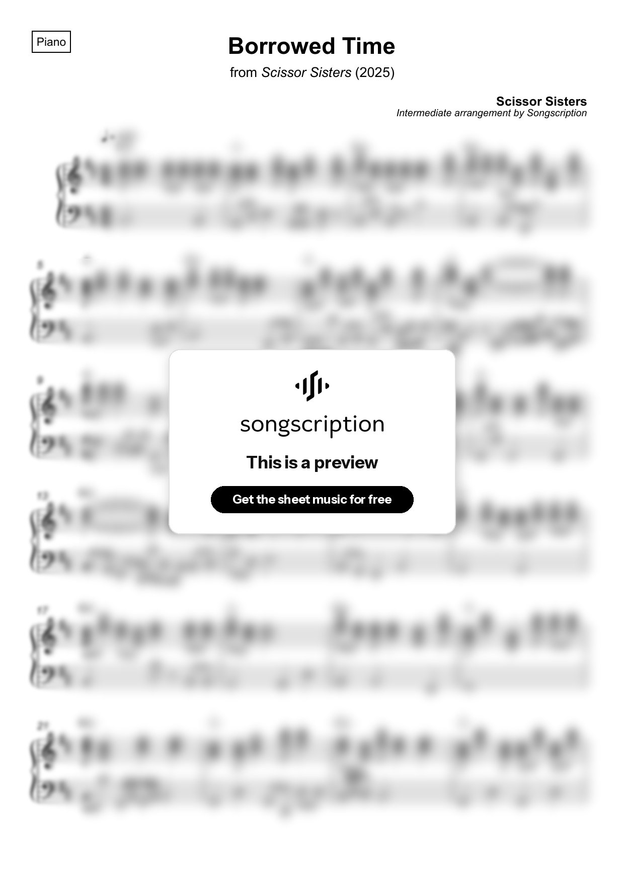 Intermediate Piano Sheet Music for "Borrowed Time" by Scissor Sisters