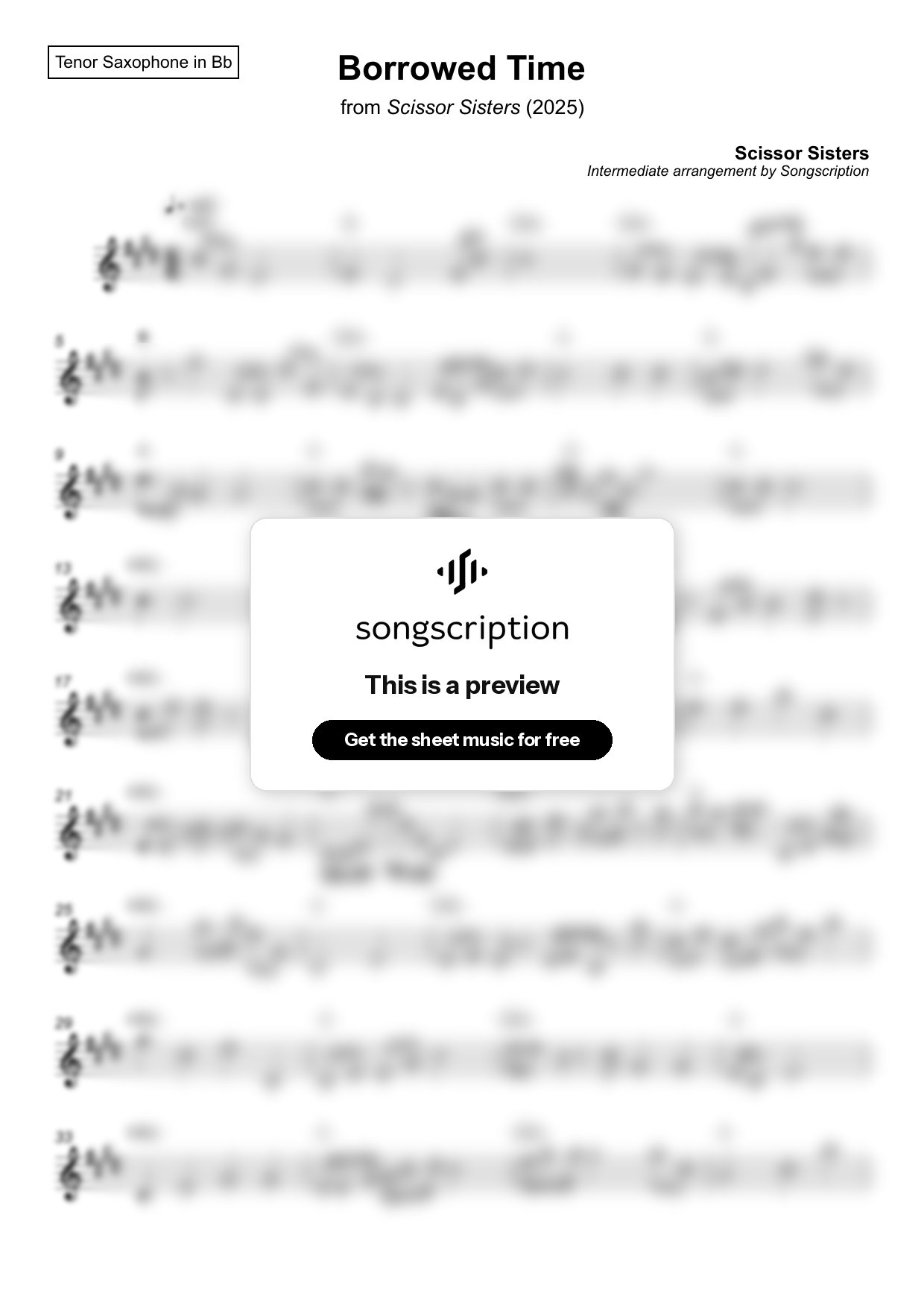 Intermediate Tenor Sax Sheet Music for "Borrowed Time" by Scissor Sisters