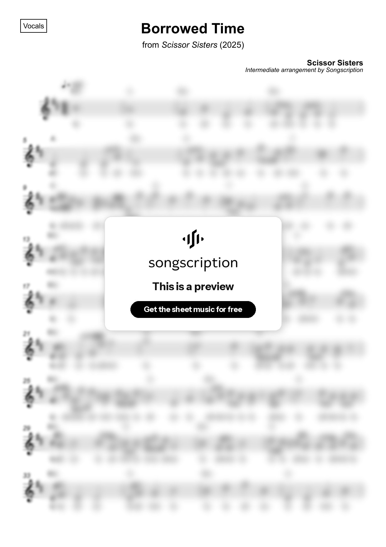 Intermediate Vocals Sheet Music for "Borrowed Time" by Scissor Sisters