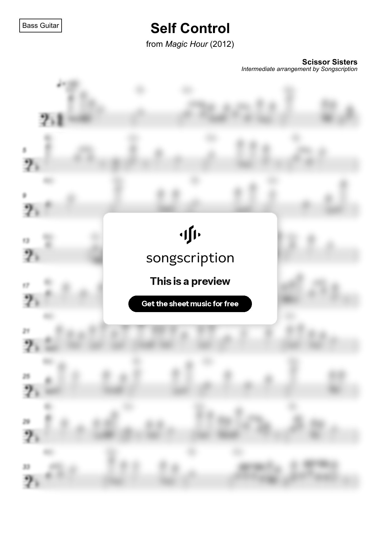 Intermediate Bass Guitar Sheet Music for "Self Control" by Scissor Sisters