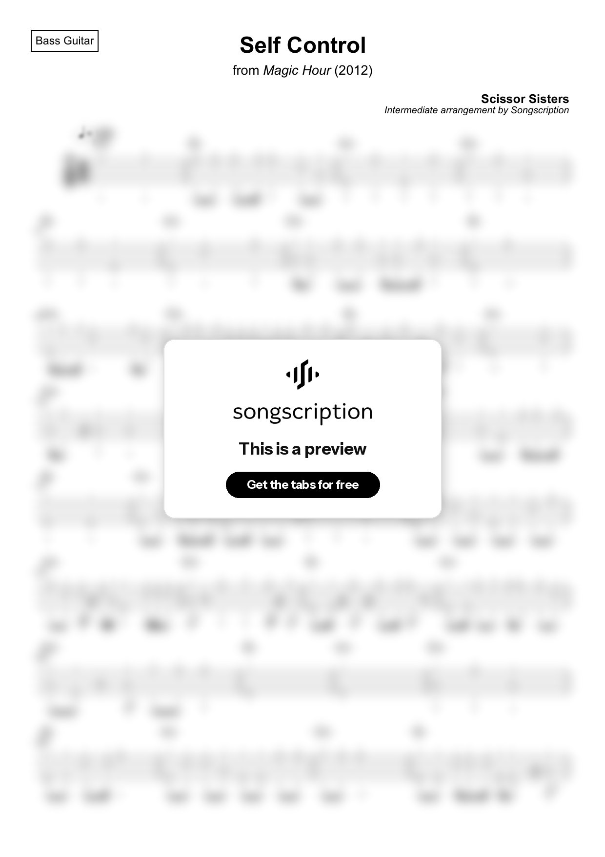 Intermediate Bass Guitar Tabs for "Self Control" by Scissor Sisters