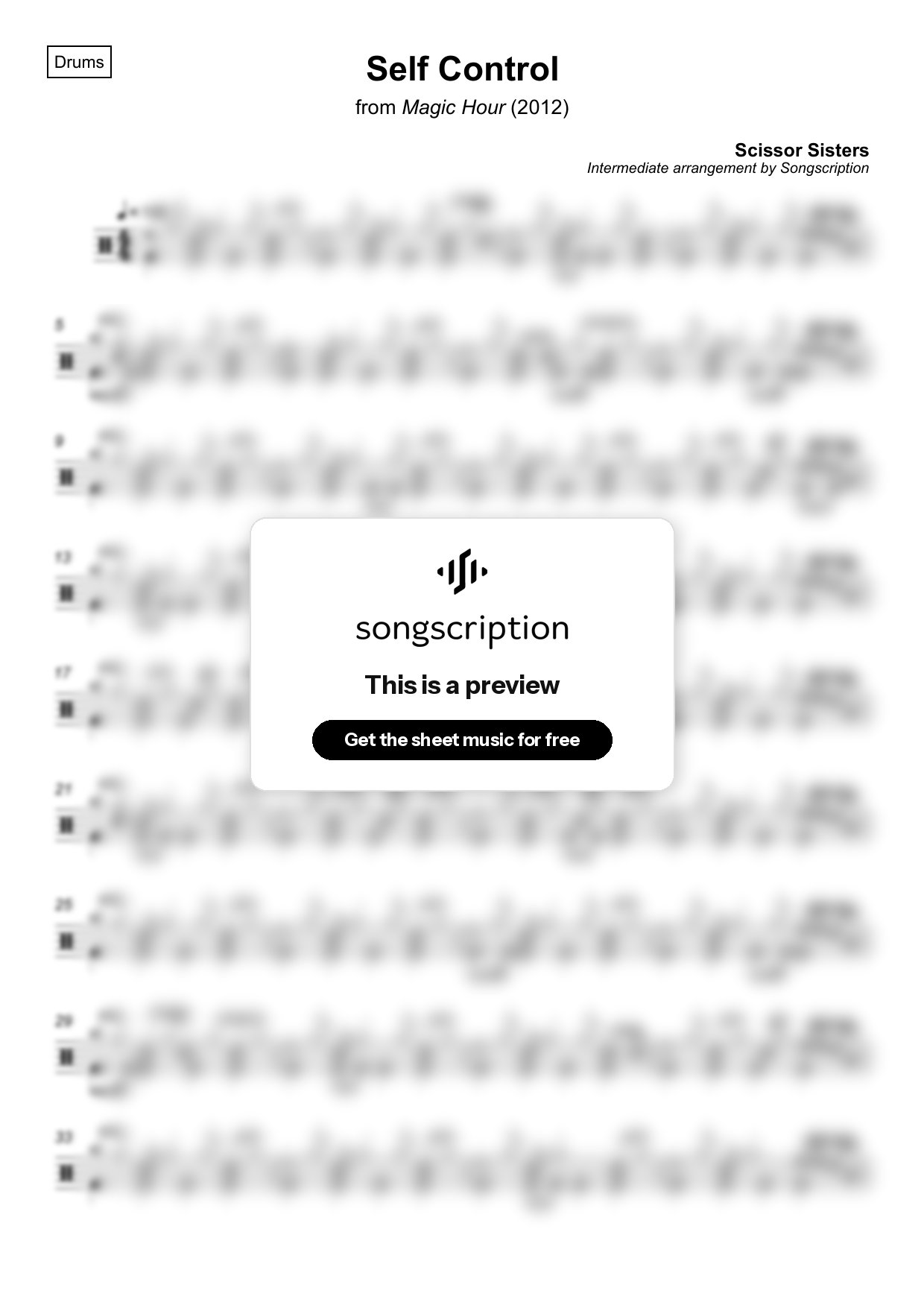 Intermediate Drums Sheet Music for "Self Control" by Scissor Sisters