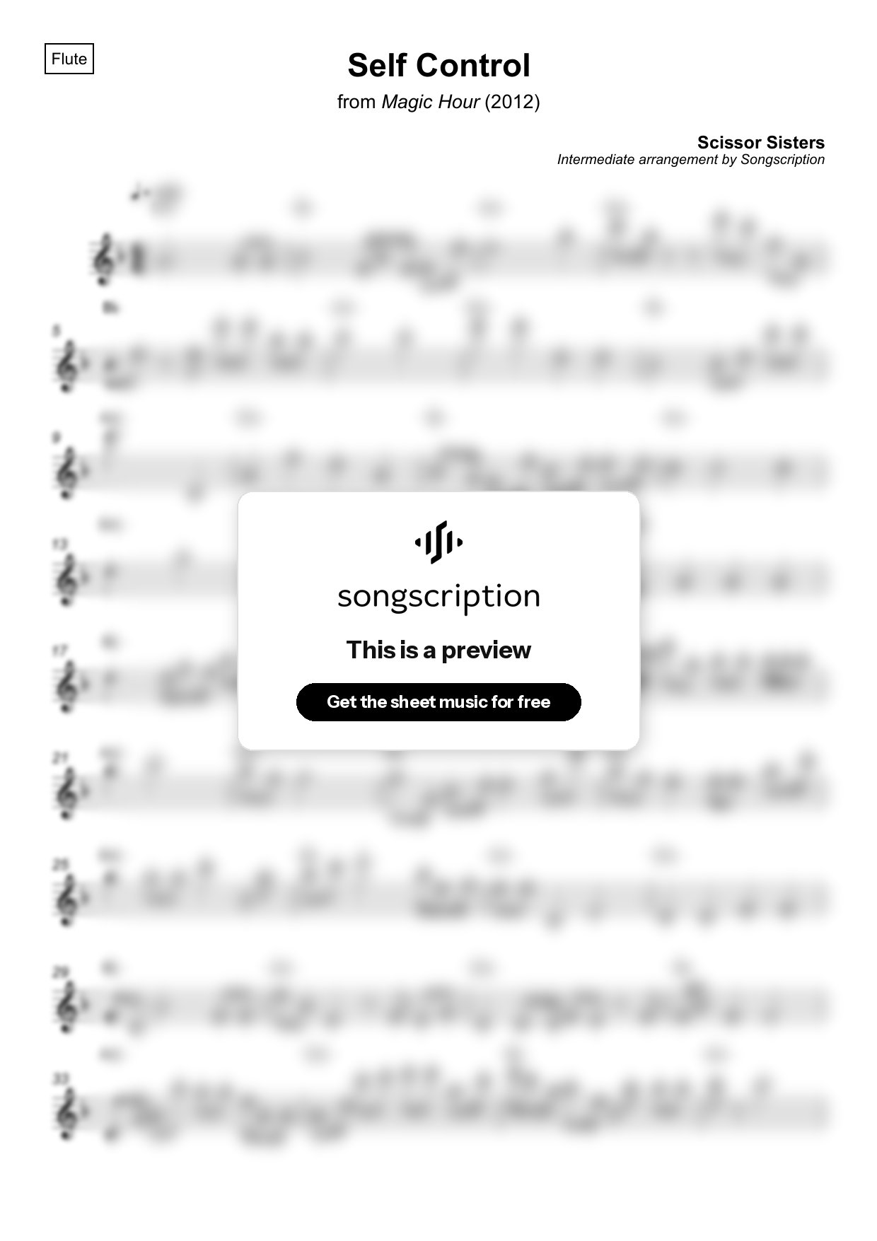Intermediate Flute Sheet Music for "Self Control" by Scissor Sisters