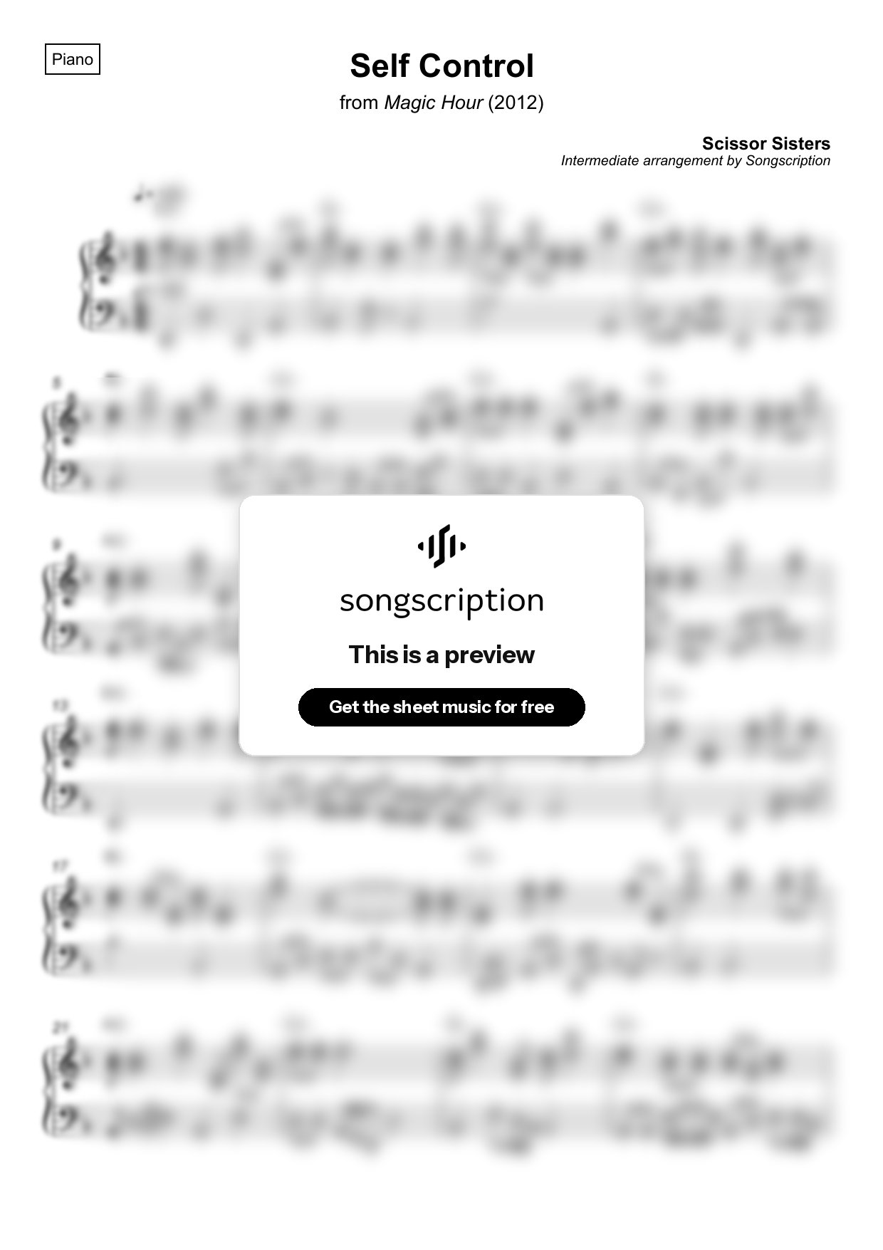 Intermediate Piano Sheet Music for "Self Control" by Scissor Sisters