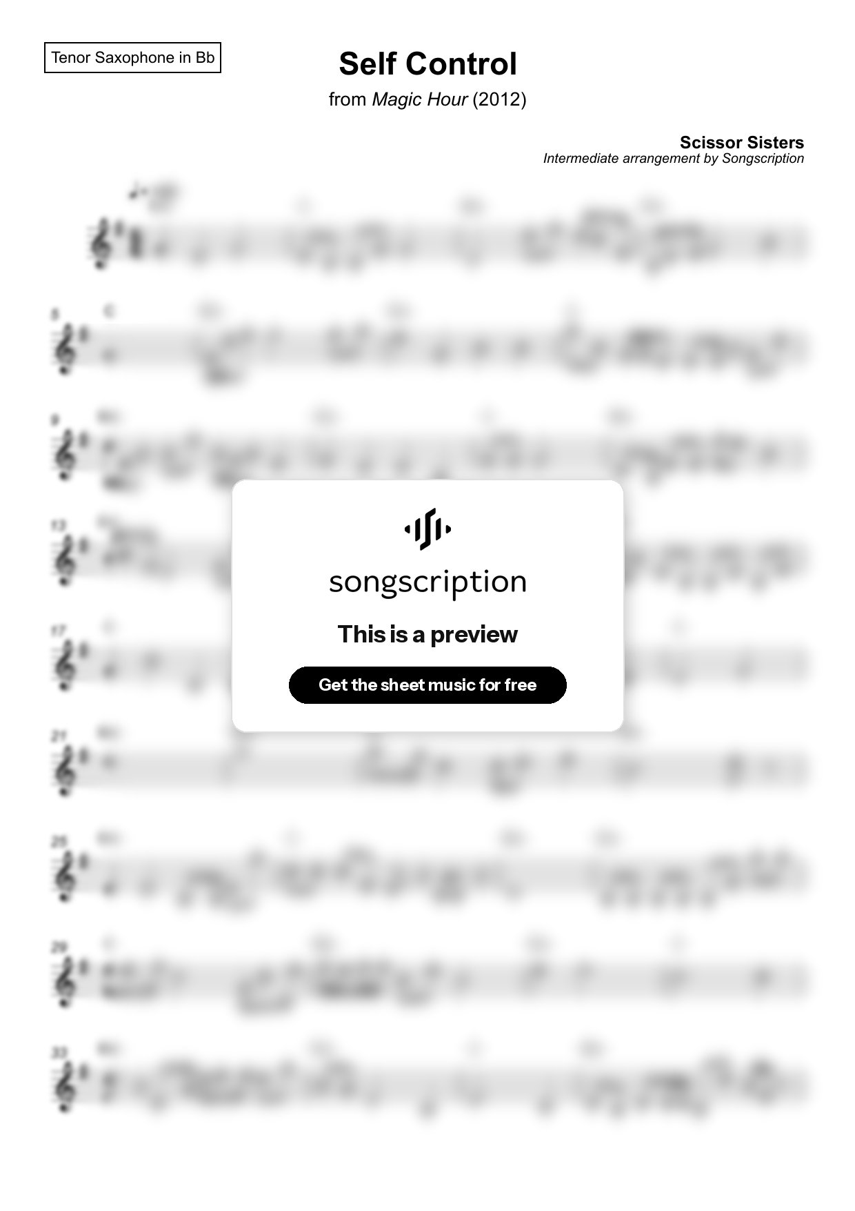 Intermediate Tenor Sax Sheet Music for "Self Control" by Scissor Sisters