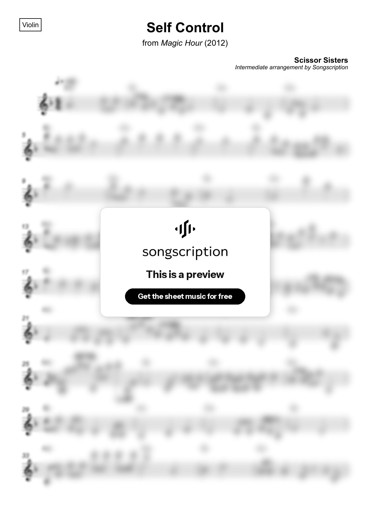 Intermediate Violin Sheet Music for "Self Control" by Scissor Sisters