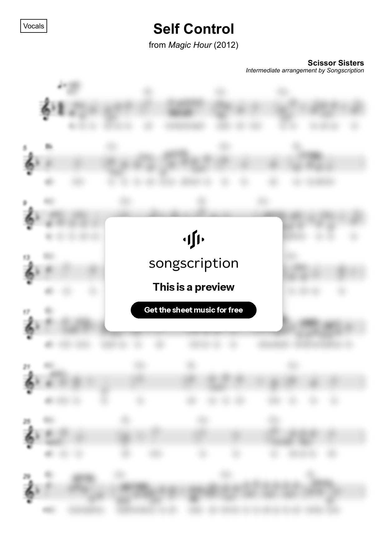 Intermediate Vocals Sheet Music for "Self Control" by Scissor Sisters
