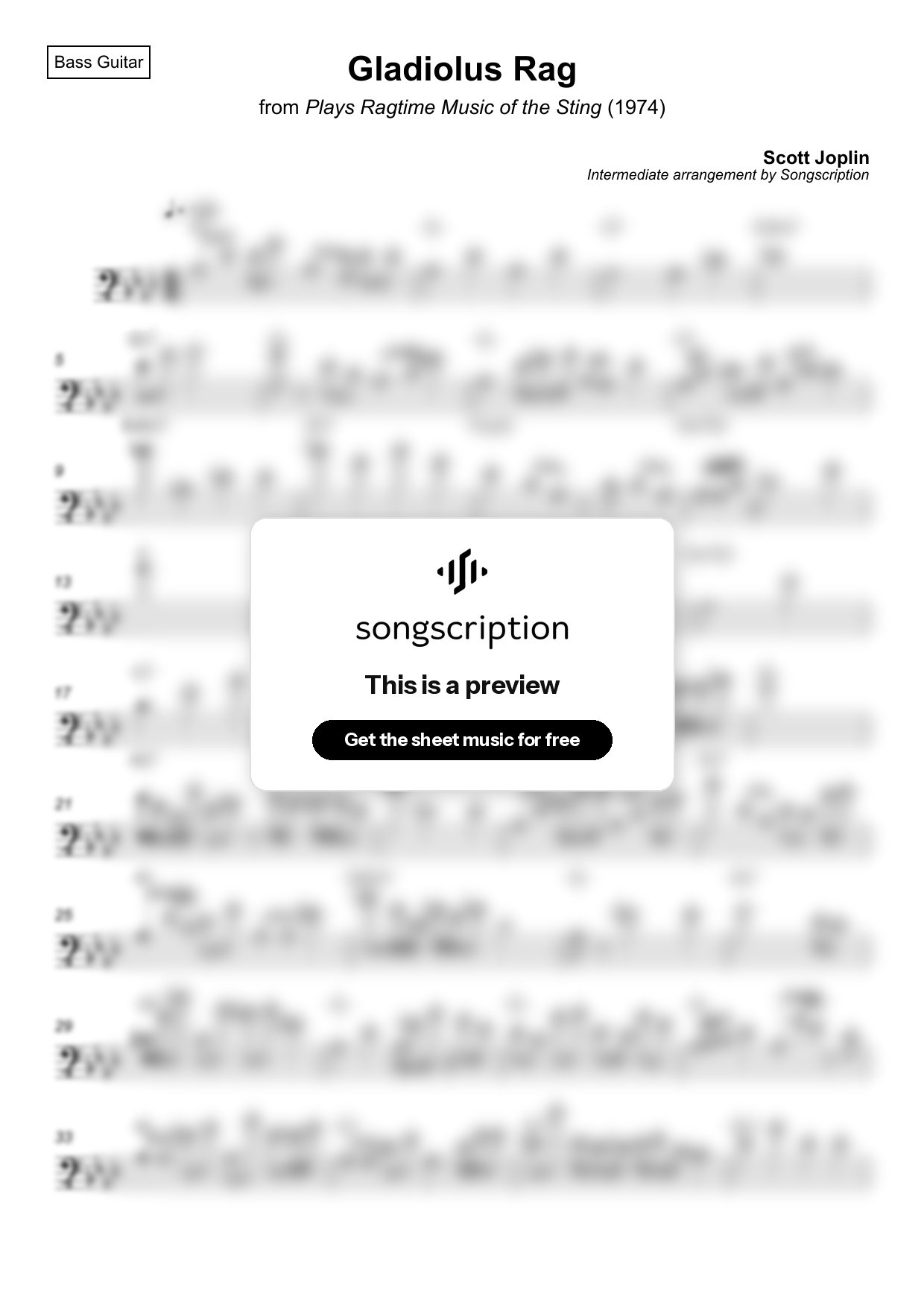 Intermediate Bass Guitar Sheet Music for "Gladiolus Rag" by Scott Joplin