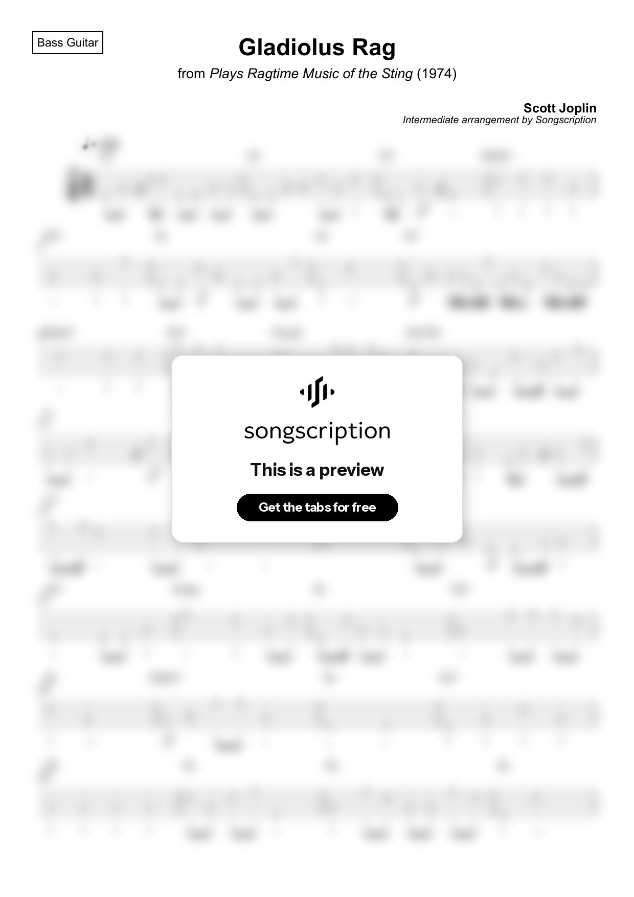 Intermediate Bass Guitar Tabs for "Gladiolus Rag" by Scott Joplin