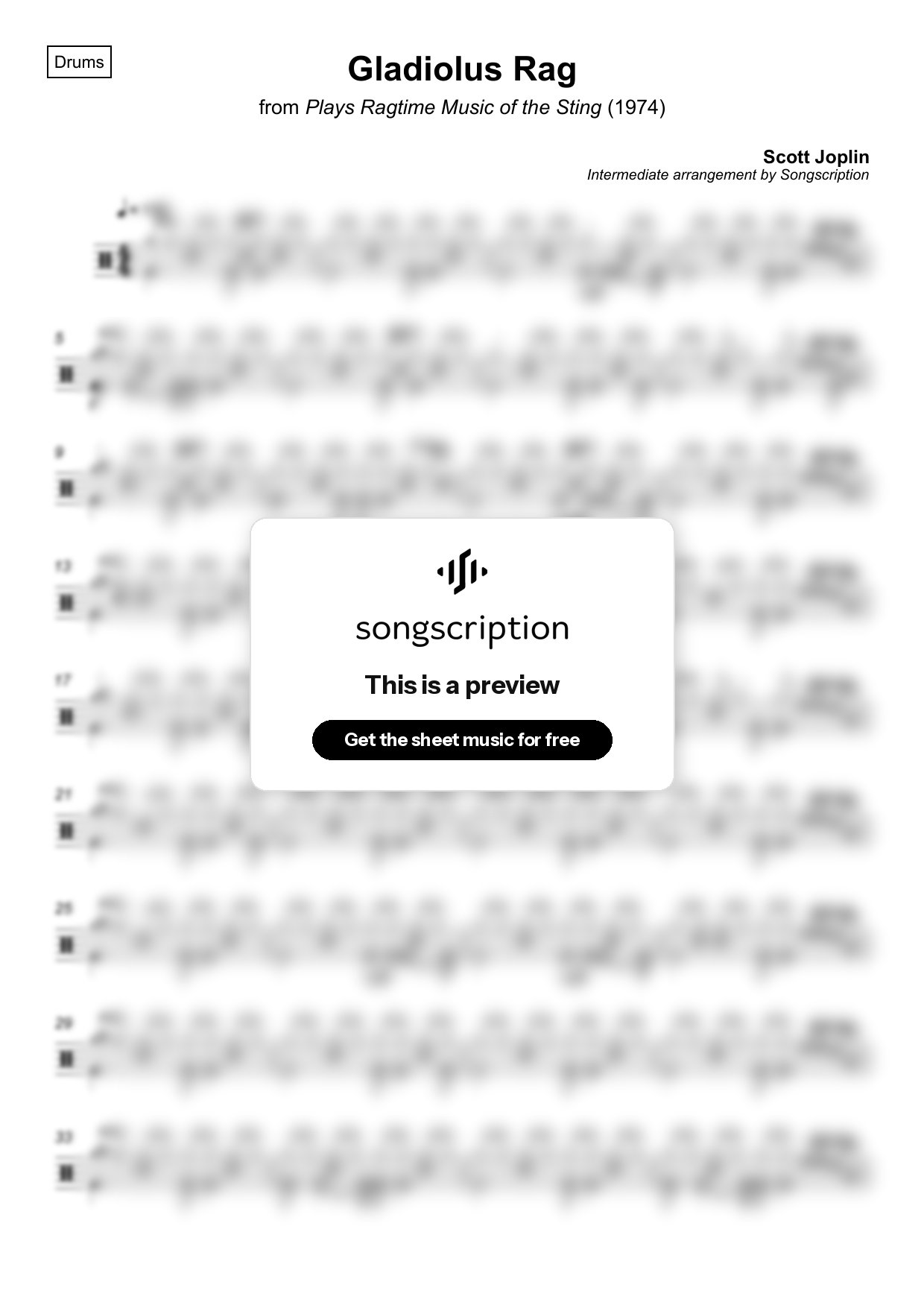 Intermediate Drums Sheet Music for "Gladiolus Rag" by Scott Joplin