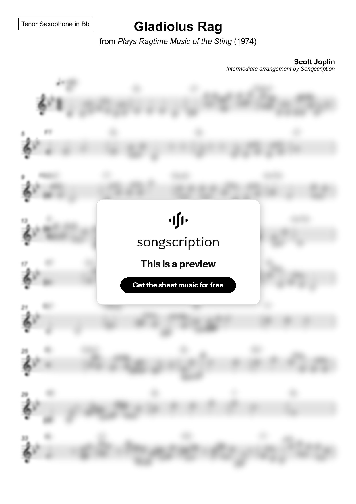 Intermediate Tenor Sax Sheet Music for "Gladiolus Rag" by Scott Joplin