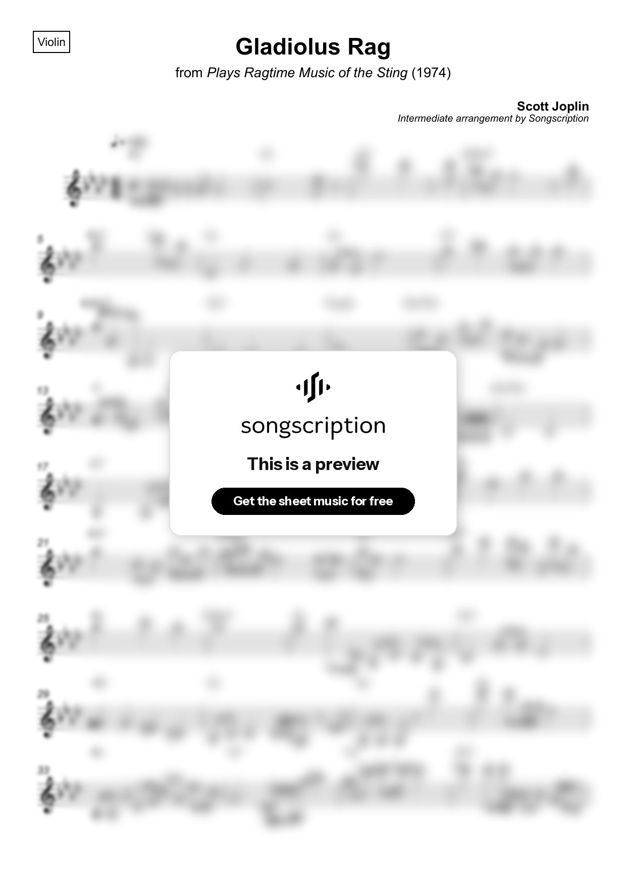 Intermediate Violin Sheet Music for "Gladiolus Rag" by Scott Joplin