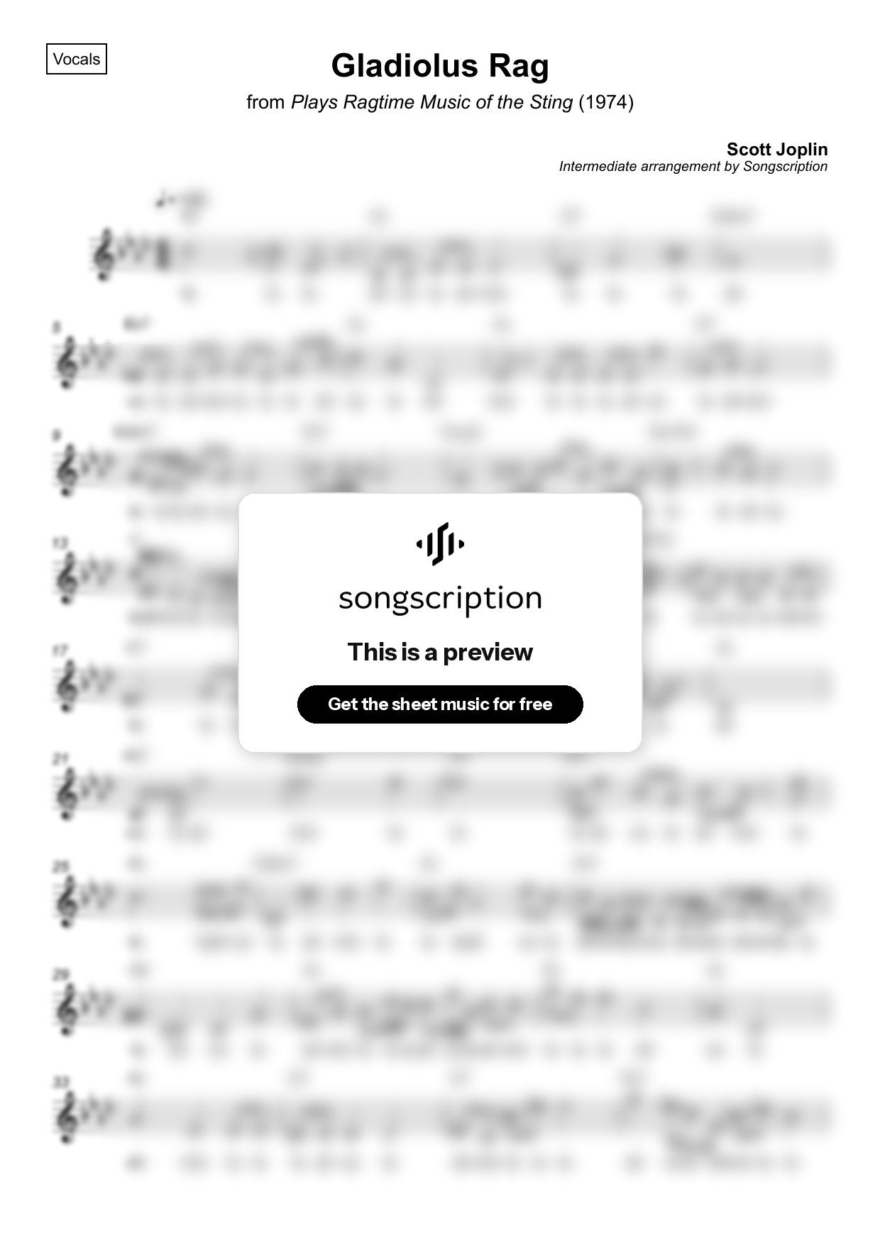 Intermediate Vocals Sheet Music for "Gladiolus Rag" by Scott Joplin