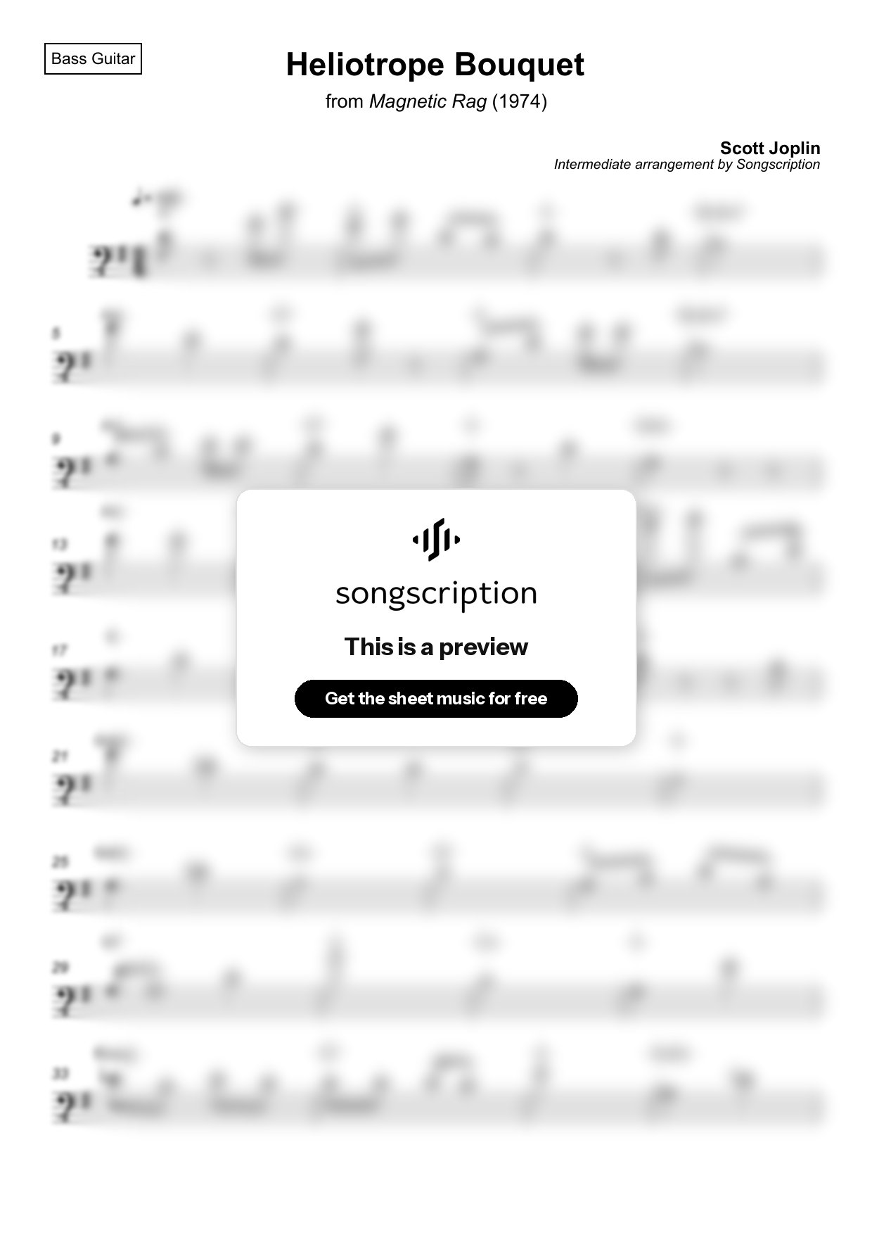 Intermediate Bass Guitar Sheet Music for "Heliotrope Bouquet" by Scott Joplin