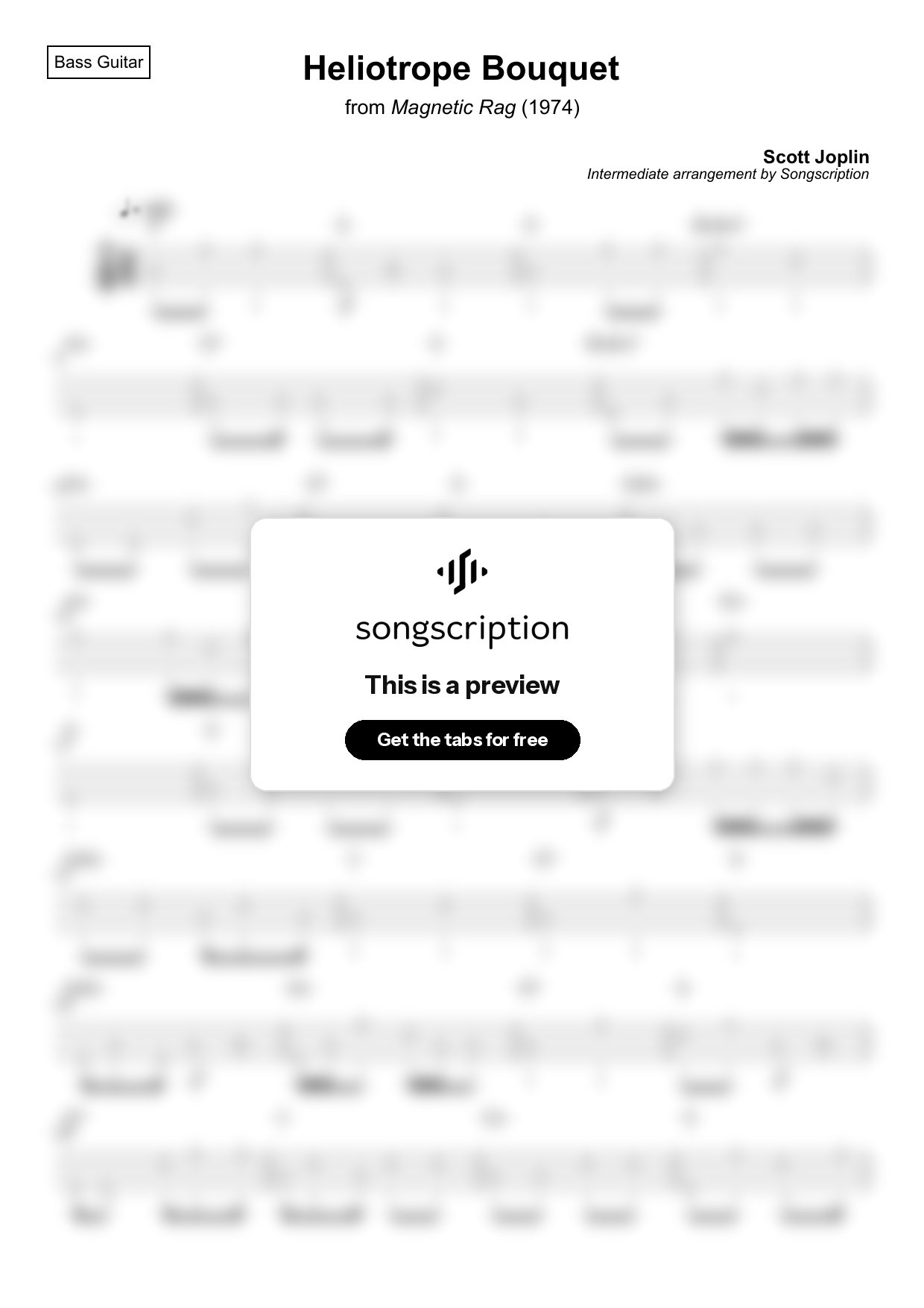 Intermediate Bass Guitar Tabs for "Heliotrope Bouquet" by Scott Joplin