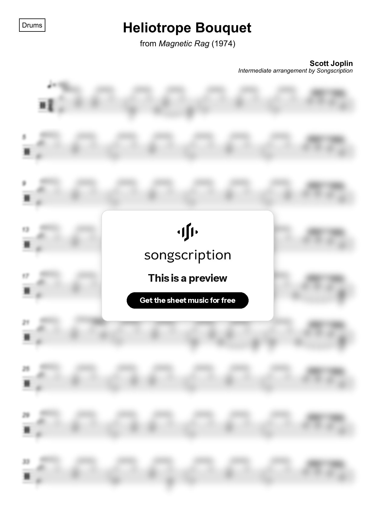 Intermediate Drums Sheet Music for "Heliotrope Bouquet" by Scott Joplin