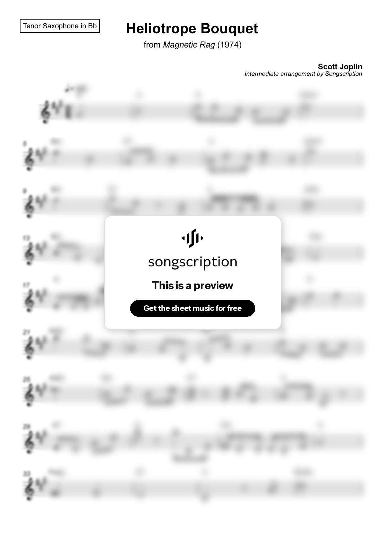 Intermediate Tenor Sax Sheet Music for "Heliotrope Bouquet" by Scott Joplin