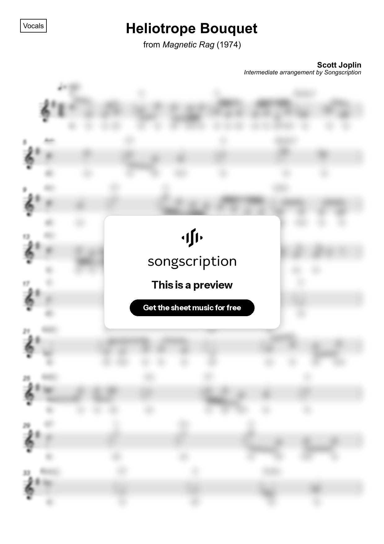 Intermediate Vocals Sheet Music for "Heliotrope Bouquet" by Scott Joplin