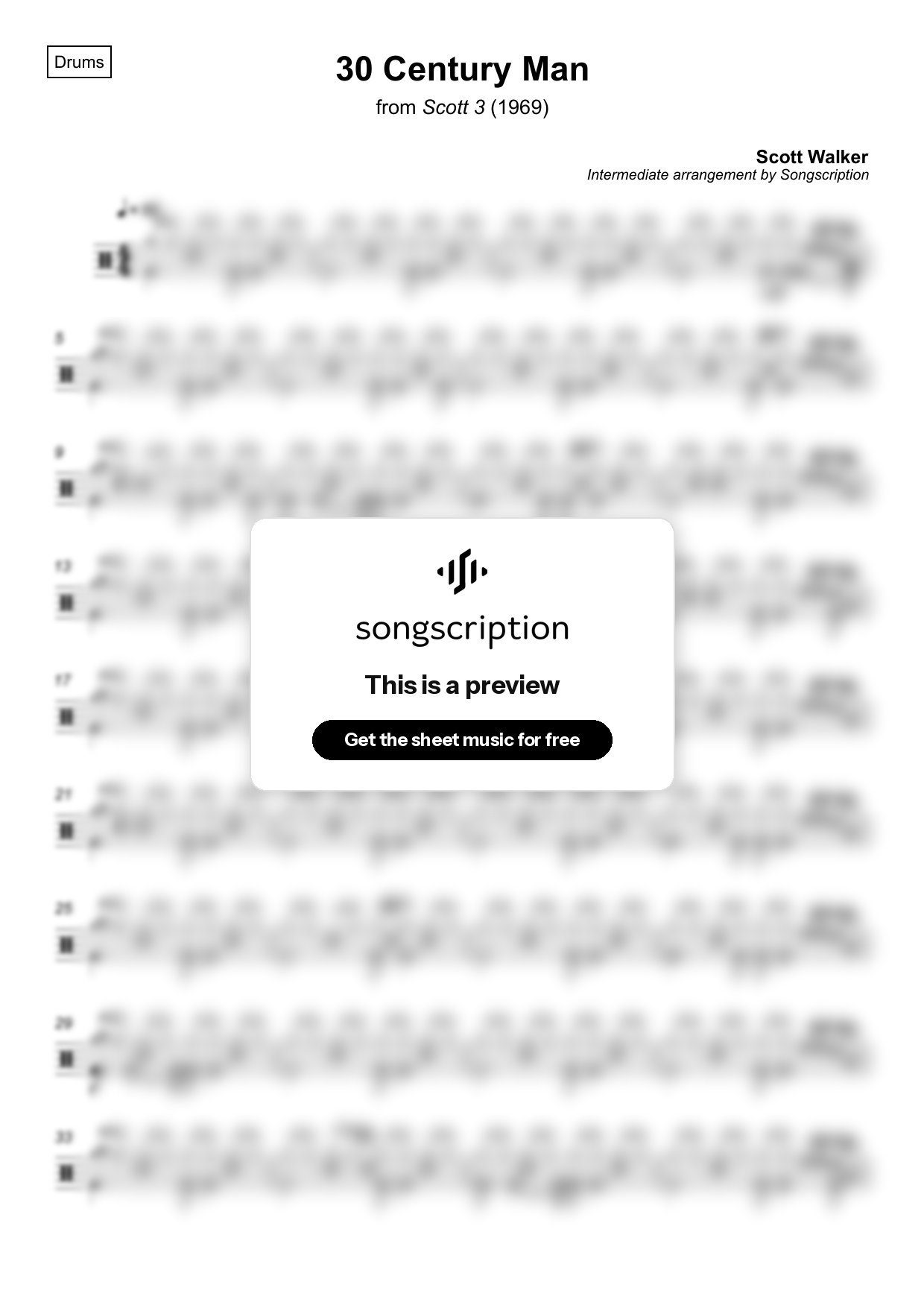 Intermediate Drums Sheet Music for "30 Century Man" by Scott Walker