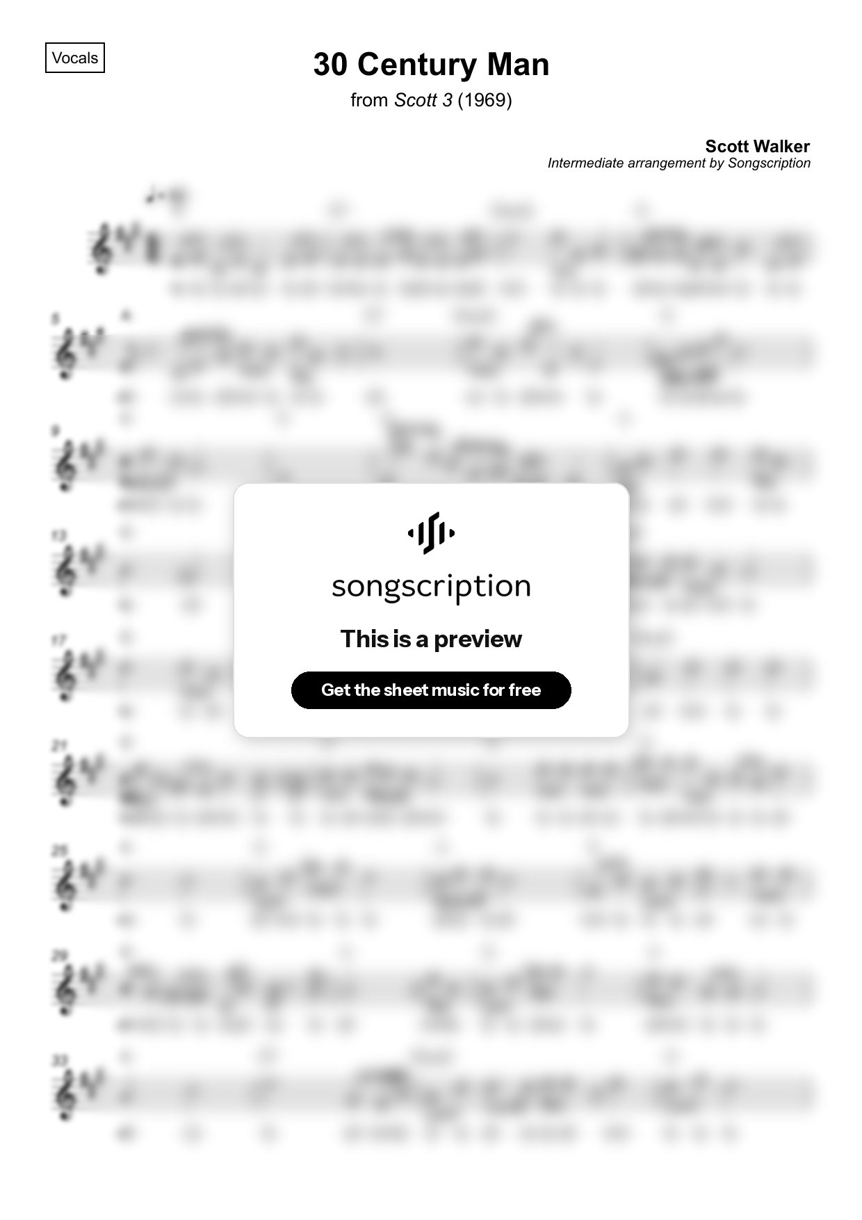 Intermediate Vocals Sheet Music for "30 Century Man" by Scott Walker