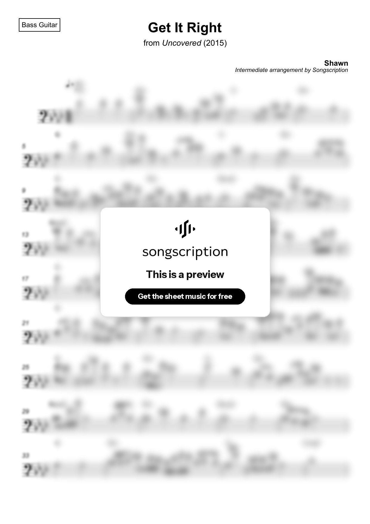 Intermediate Bass Guitar Sheet Music for "Get It Right" by Shawn