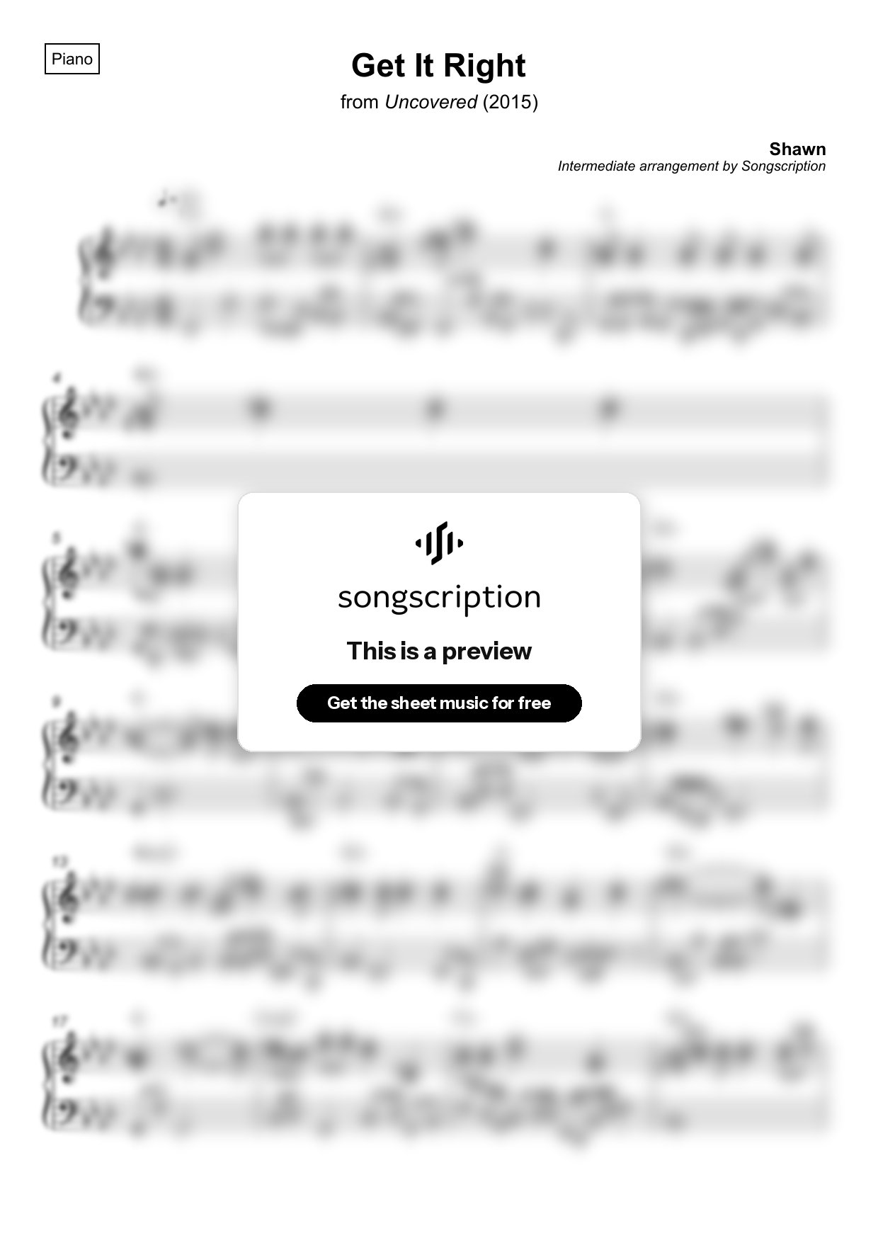 Intermediate Piano Sheet Music for "Get It Right" by Shawn