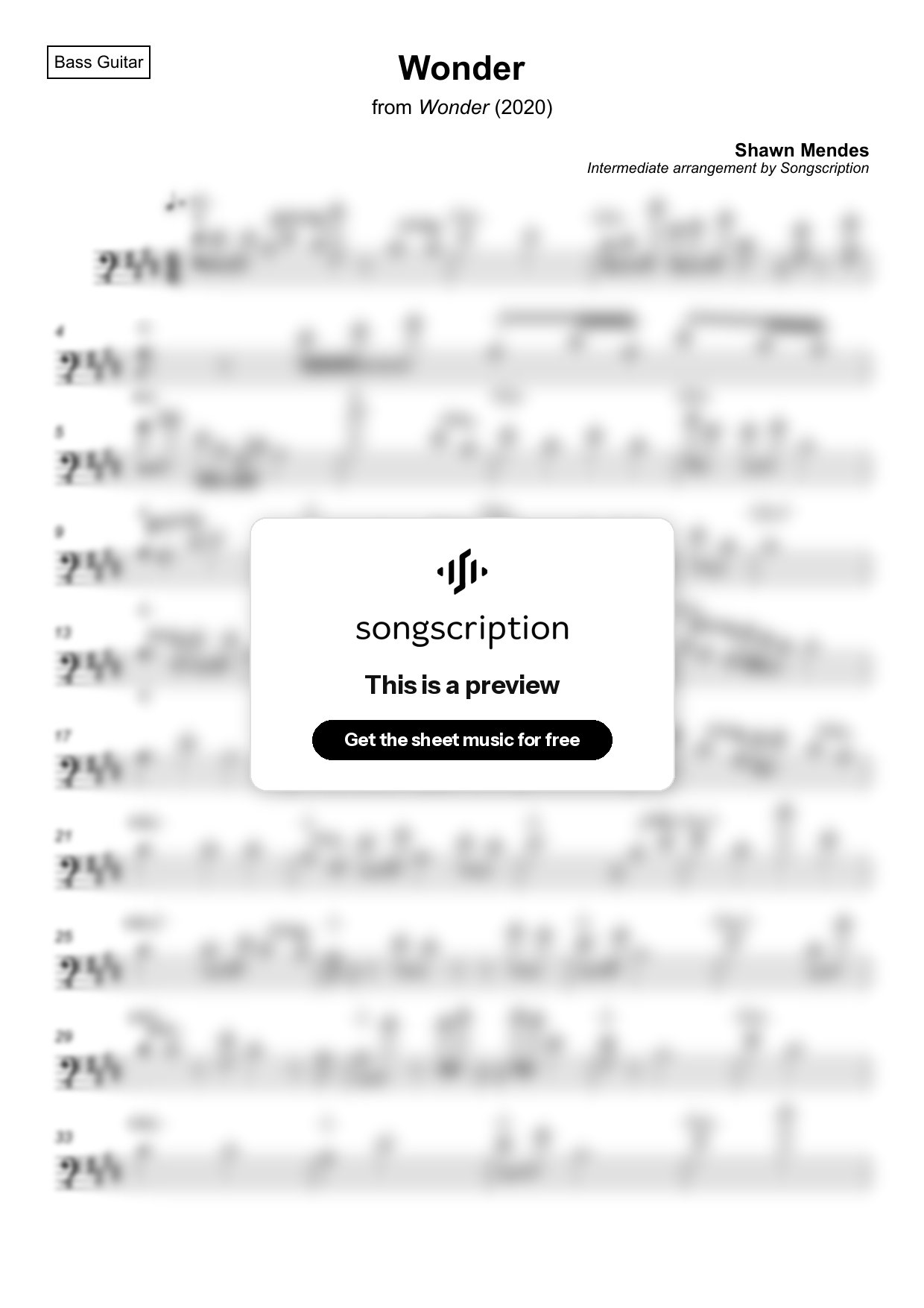 Intermediate Bass Guitar Sheet Music for "Wonder" by Shawn Mendes