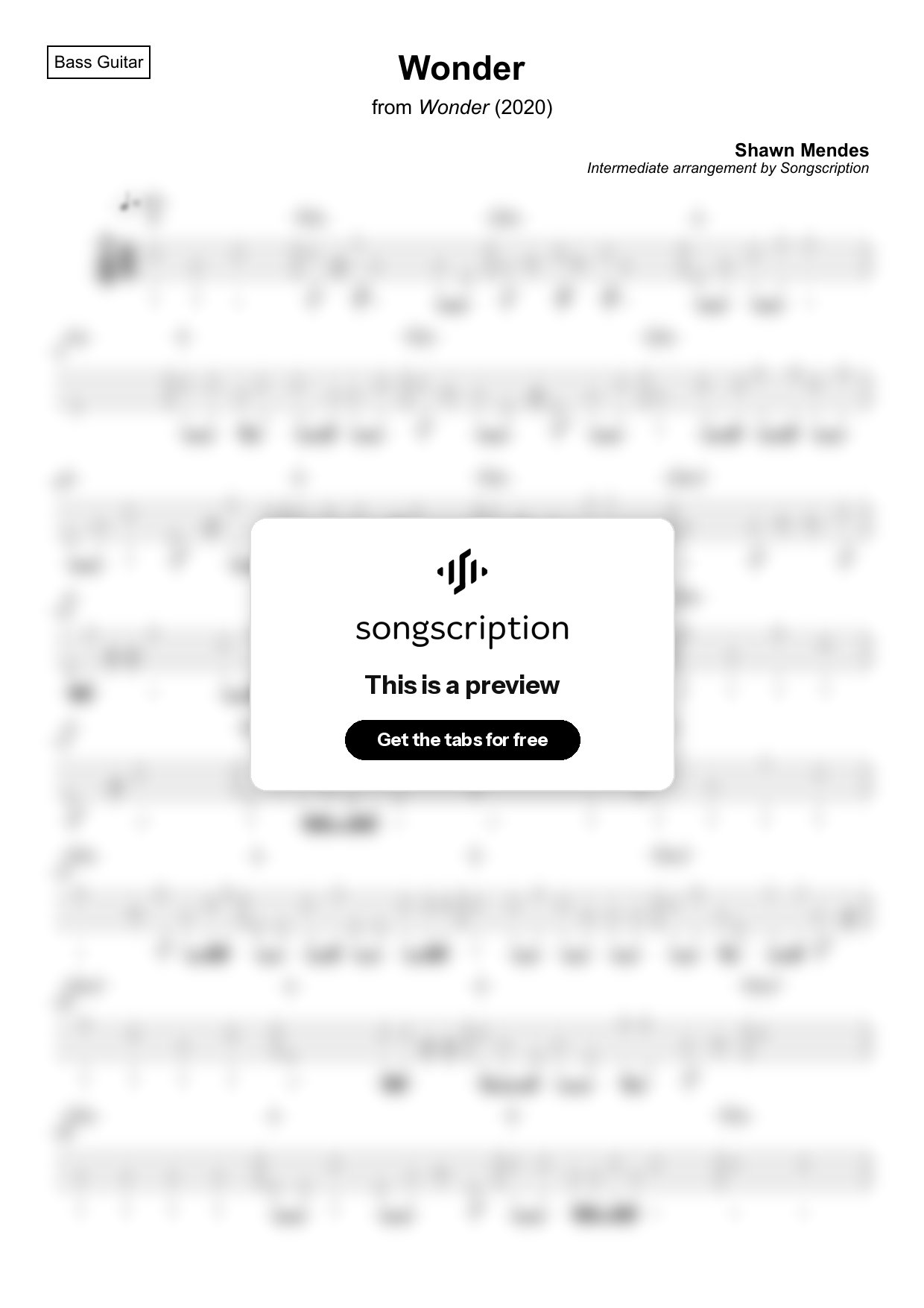 Intermediate Bass Guitar Tabs for "Wonder" by Shawn Mendes