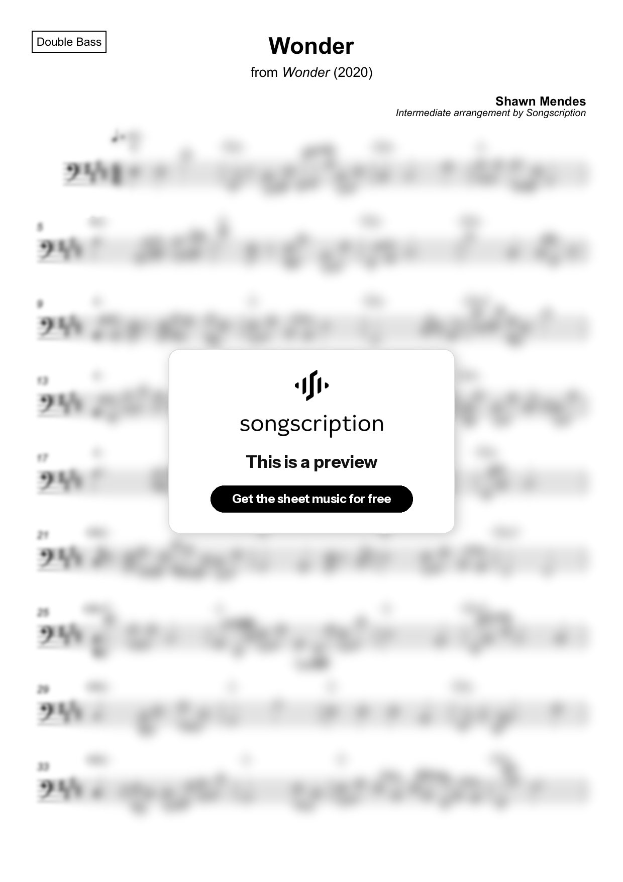 Intermediate Double Bass Sheet Music for "Wonder" by Shawn Mendes