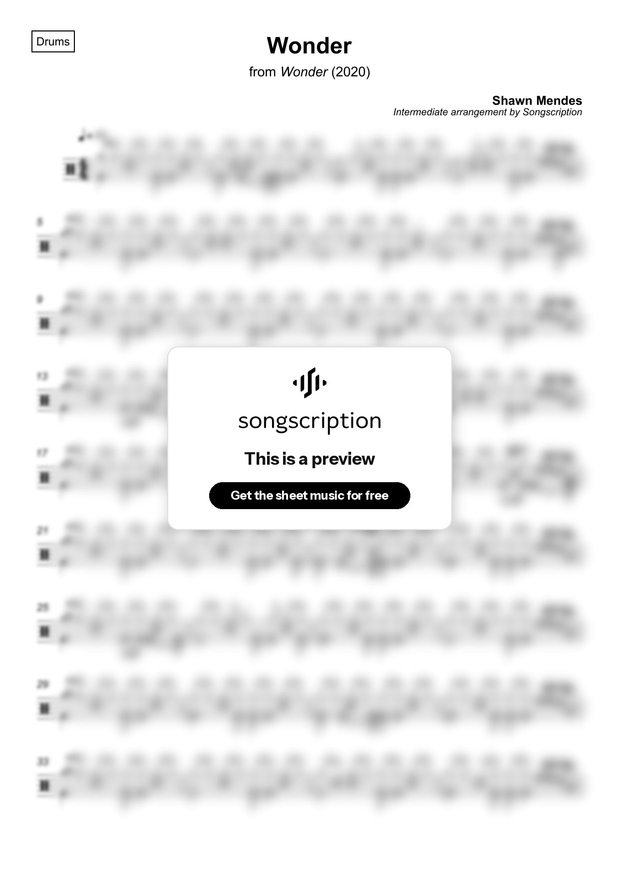Intermediate Drums Sheet Music for "Wonder" by Shawn Mendes