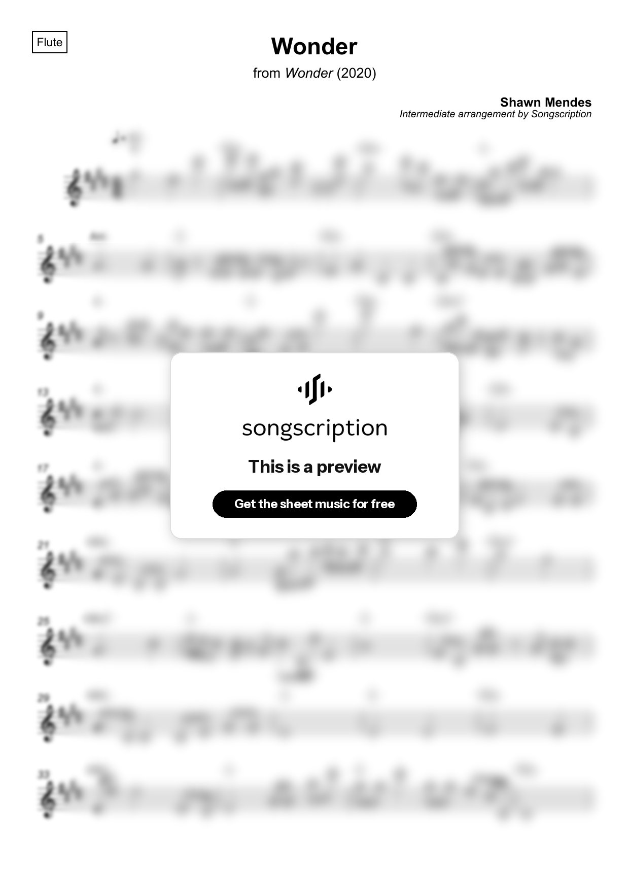 Intermediate Flute Sheet Music for "Wonder" by Shawn Mendes