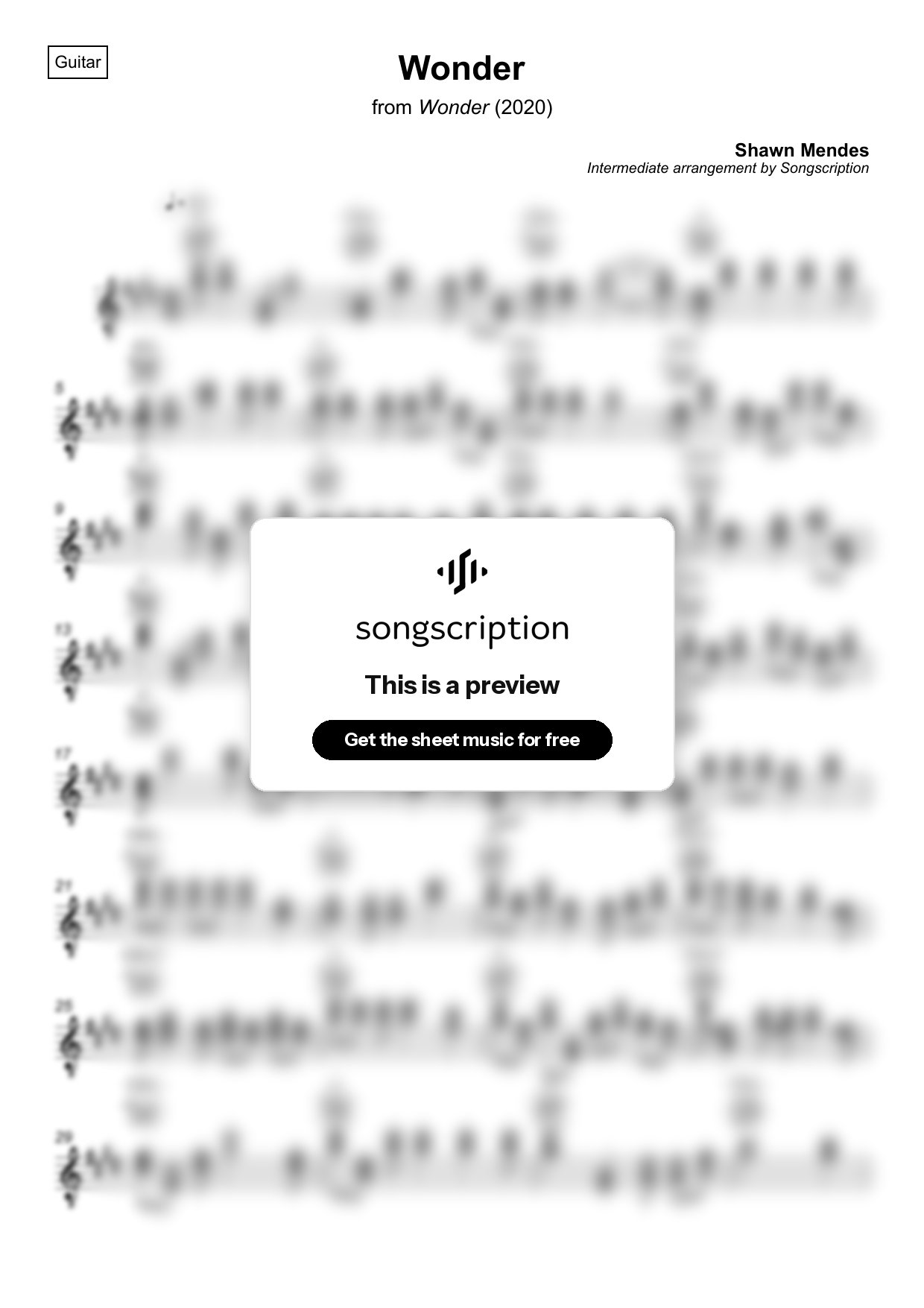 Intermediate Acoustic Guitar Sheet Music for "Wonder" by Shawn Mendes
